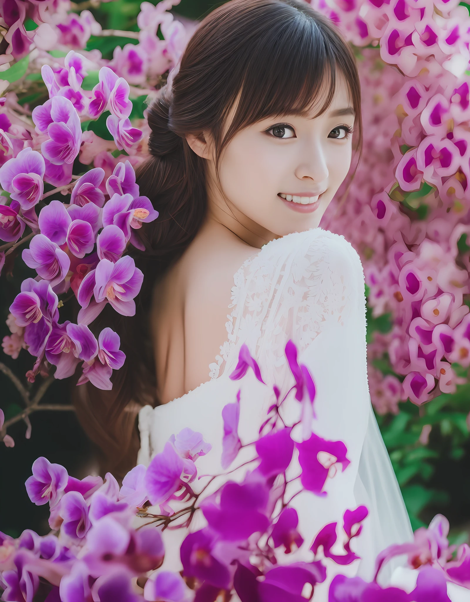 Beautiful Japan woman in embroidered wedding dress, Braided up, Bright eyes, Surrounded by purple orchids. (8K, Best Quality : 1.2), (masutepiece, Photorealistic : 1.3), Super Detail, Anatomically correct