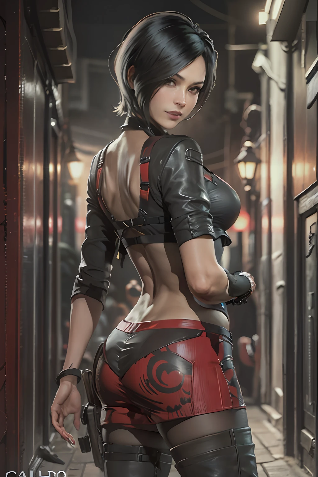 1 girl, solamente, Ada Wong de Resident Evil 4 Remake, pelo corto, cabello negro, bikini rojo, cara de Adriana, Visor mirando,Looking back, cuerpo completo sonrisa tortuosa,La mejor calidad, High resolution:1.2, Pueblo del siglo 18 en el fondo, Sombras, Nightime, Luz de la luna, Disparo en la parte superior del cuerpo, low camera angle, Profundidad de campo, Enfoque central