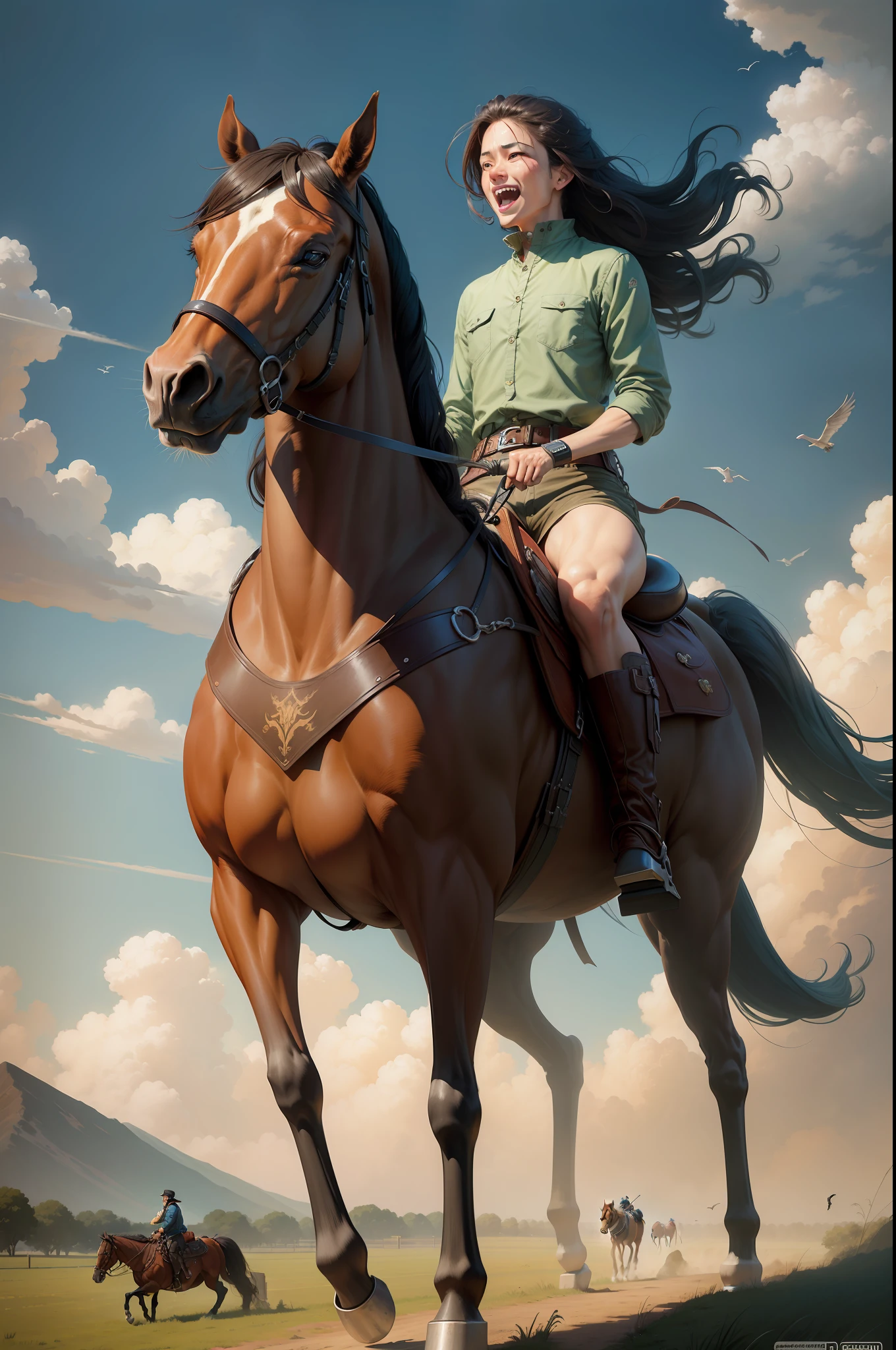There is a man riding a horse in the field,big laughter,Youth burns,Wild release,Birds fly around, Miyazaki style artwork, ride horse, ride horse, ross tran and michael whelan, wlop and ross thran, rob rey and kentaro miura style, guweiz masterpiece, Riding a horse, cyril rolando and goro fujita, author:Shada,