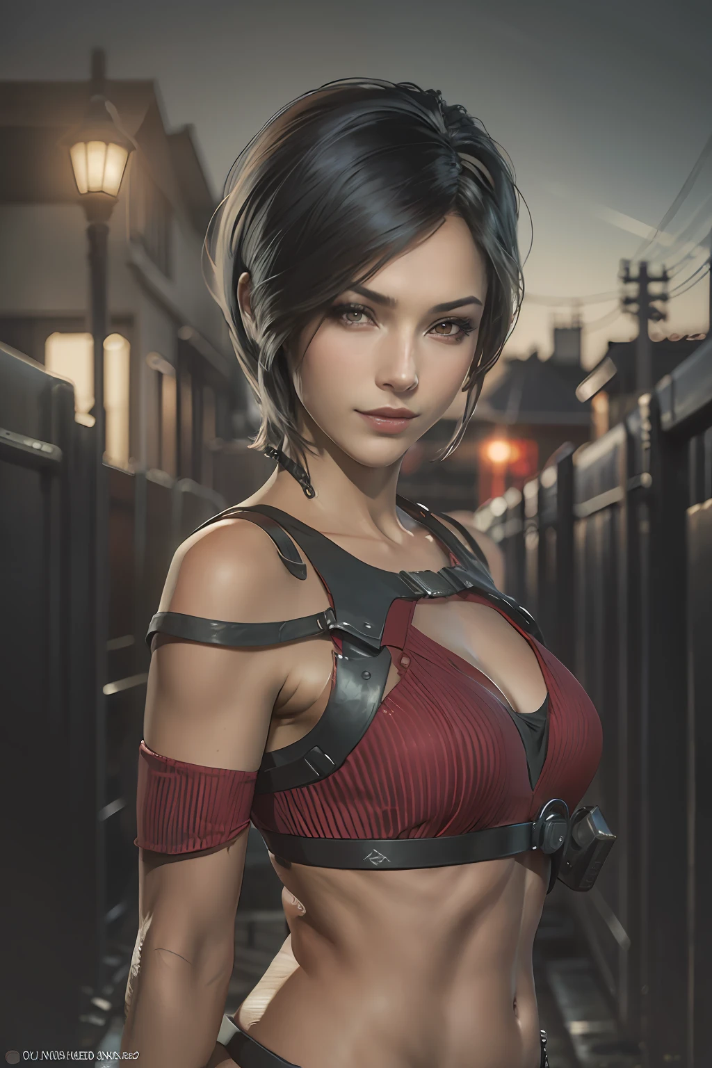 1 girl, solamente, Ada Wong de Resident Evil 4 Remake, pelo corto, cabello negro, bikini rojo, cara de Adriana, Visor mirando,Looking back, cuerpo completo sonrisa tortuosa,La mejor calidad, High resolution:1.2, Pueblo del siglo 18 en el fondo, Sombras, Nightime, Luz de la luna, Disparo en la parte superior del cuerpo, low camera angle, Profundidad de campo, Enfoque central