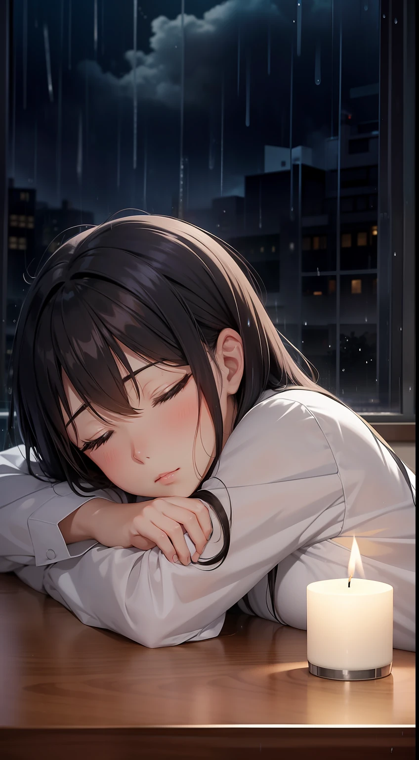 manga cartoon image of a girl at her desk resting her head on the table sleeping in the background a window where you can see the rain falling next to her window a candle , in the rainy night