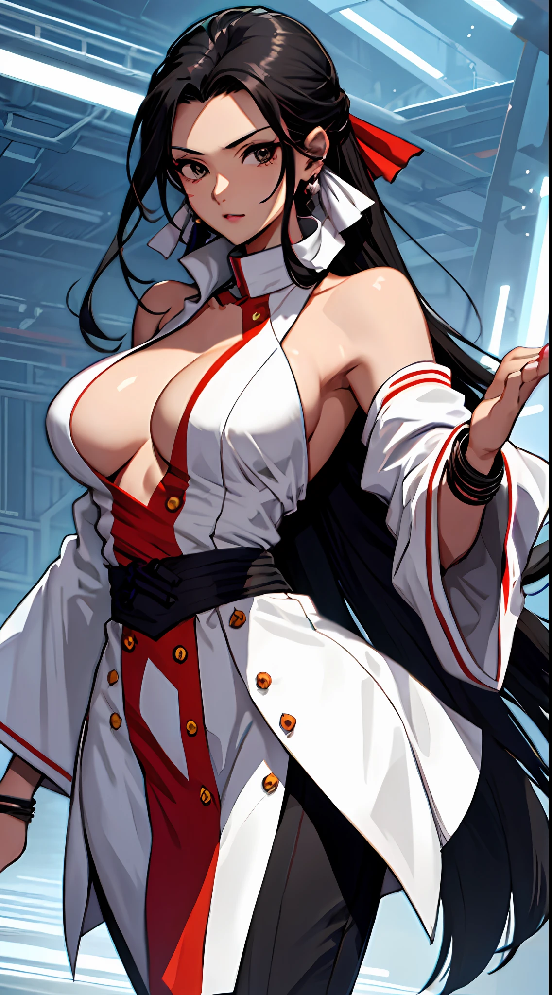 （tmasterpiece，best qualtiy，A high resolution，统一 8k 壁纸，Extremely detailed CG：1），（illustratio：1.0），1girll，chizurums，（white hair ribbon），white  clothes，Large breasts，Black color hair，jewely，耳Nipple Ring，Wide sleeves，obi strip，bangle，Black pantsuit，Large breasts，（Bare shoulders），（cleavage）