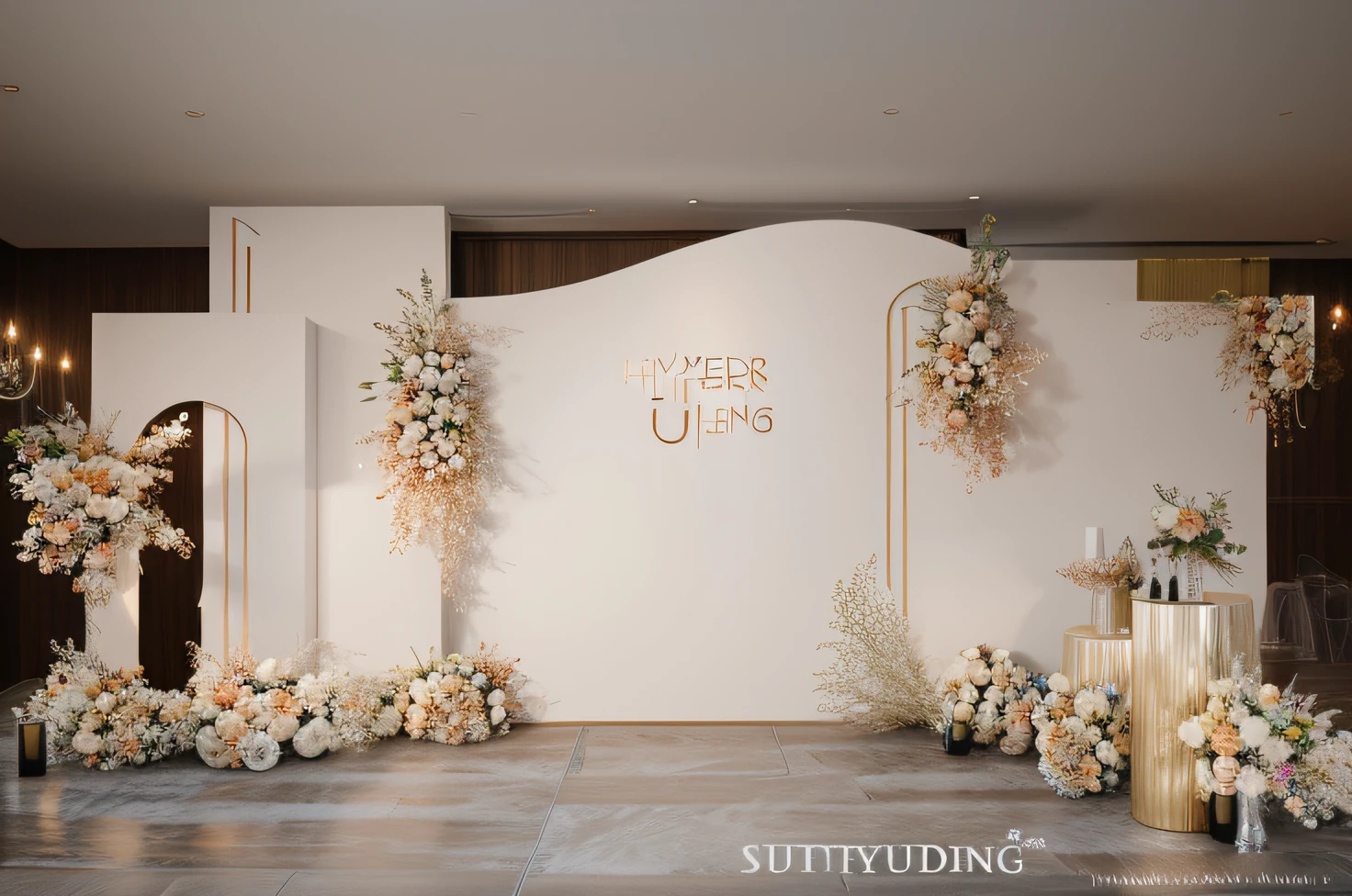 8K level quality,Ultra-clear,Golden,opulent,lamp lights,Wedding renderings,Interior design,3Drenderingof,hyper HD,Lots of small flowers,exquisite lighting and shadows,Detail portrayal,ultraclear,depth of fields, paying homage,Interior design, Ultra photo realsisim, RAW photogr, Sharp focus, Champagne-colored flowers,Wedding banquet hall,Wedding design,tmasterpiece, 8K, tmasterpiece,Ultra photo realsisim,32K,Very detailed CG unity 8K wallpaper,best qualtiy,exquisite lighting and shadows,Detail portrayal,Welcome area,