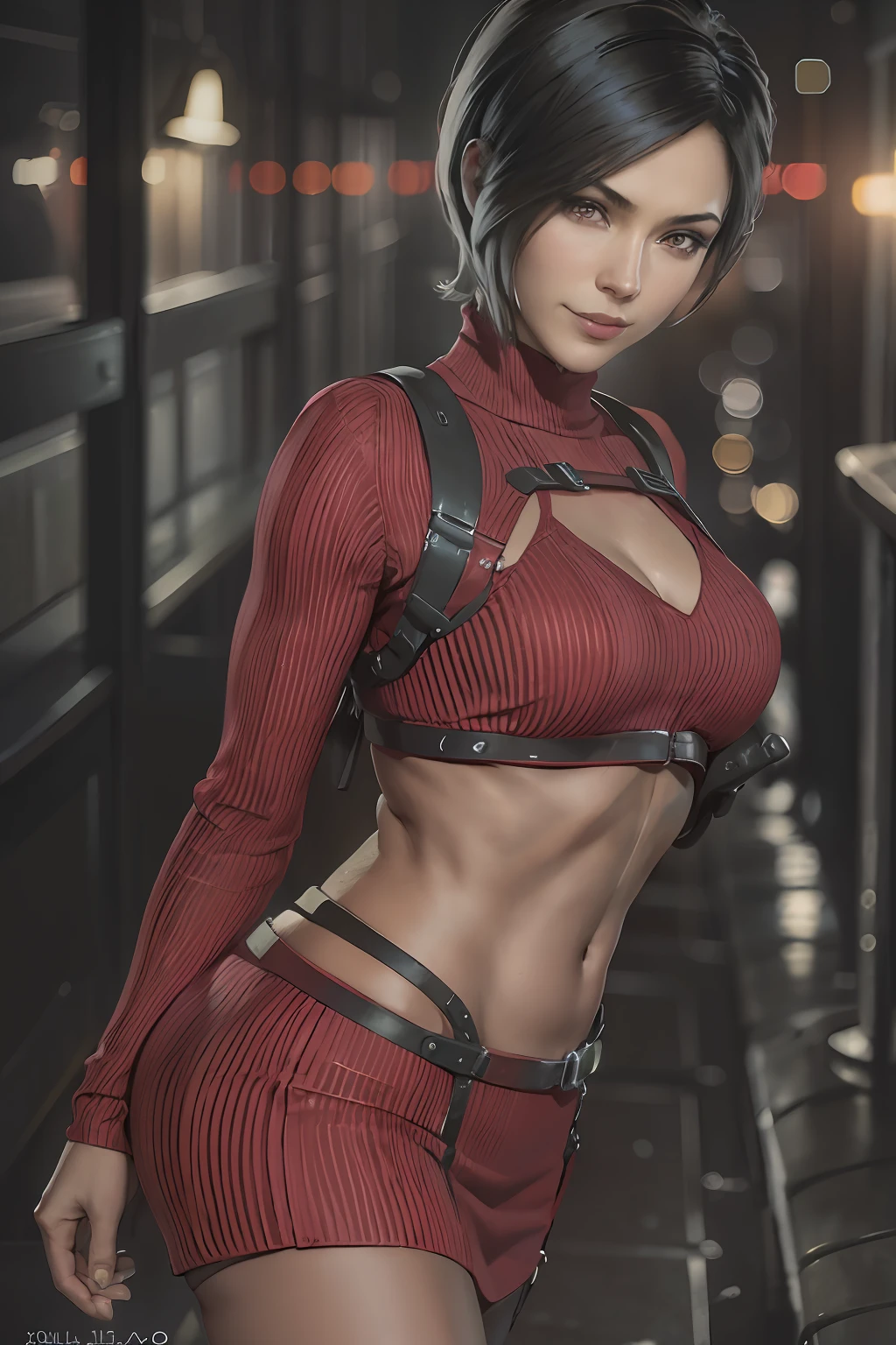 1 girl, solamente, Ada Wong de Resident Evil 4 Remake, pelo corto, cabello negro, bikini rojo, cara de Adriana, Visor mirando,Looking back, cuerpo completo sonrisa tortuosa,La mejor calidad, High resolution:1.2, Pueblo del siglo 18 en el fondo, Sombras, Nightime, Luz de la luna, Disparo en la parte superior del cuerpo, low camera angle, Profundidad de campo, Enfoque central