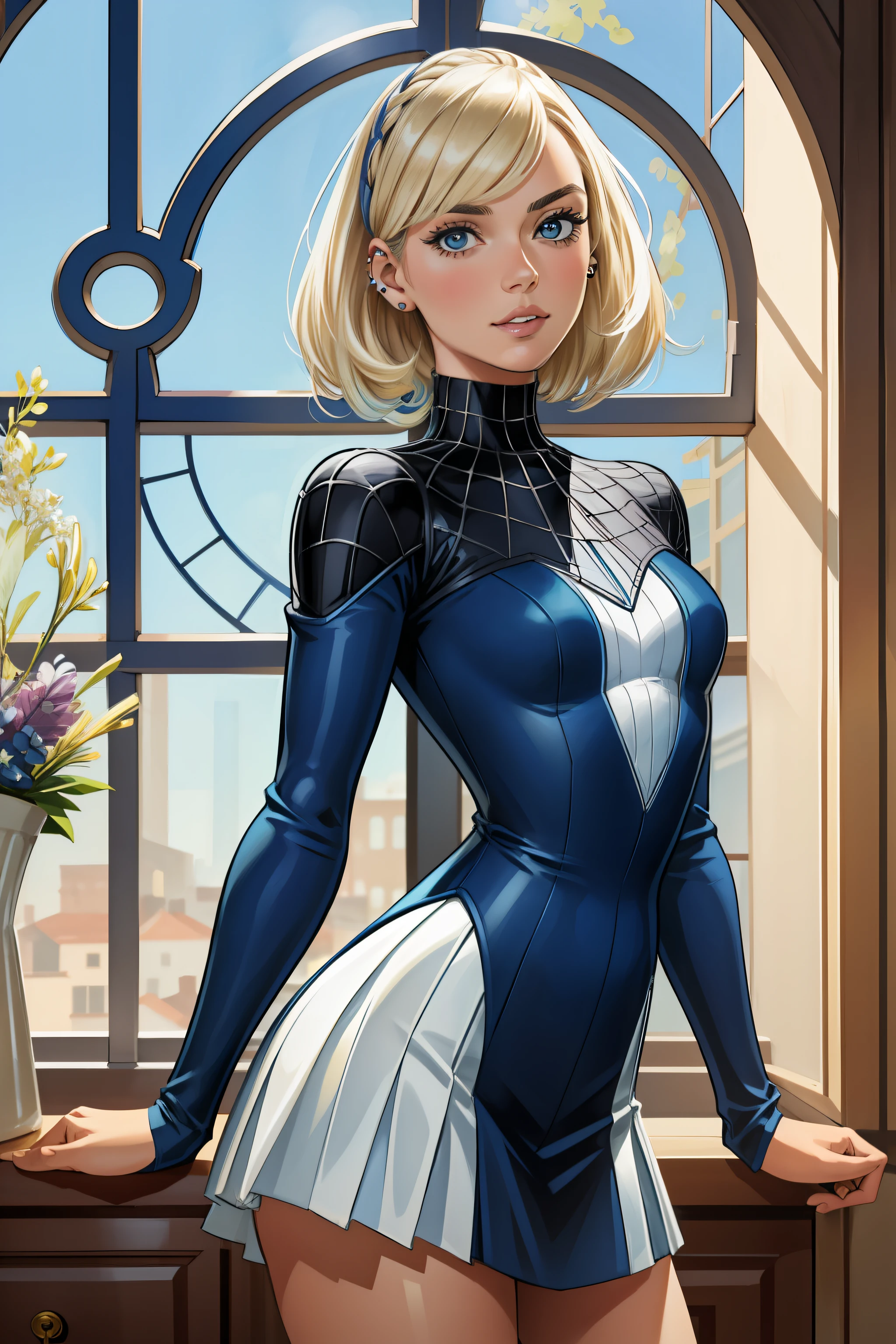 (obra-prima, melhor qualidade), detalhes intrincados,
1******, gwen stacy, cabelo loiro, cabelo azul, cabelo curto, Reflecting in the animification window, piercing de sobrancelha
 3DMM,