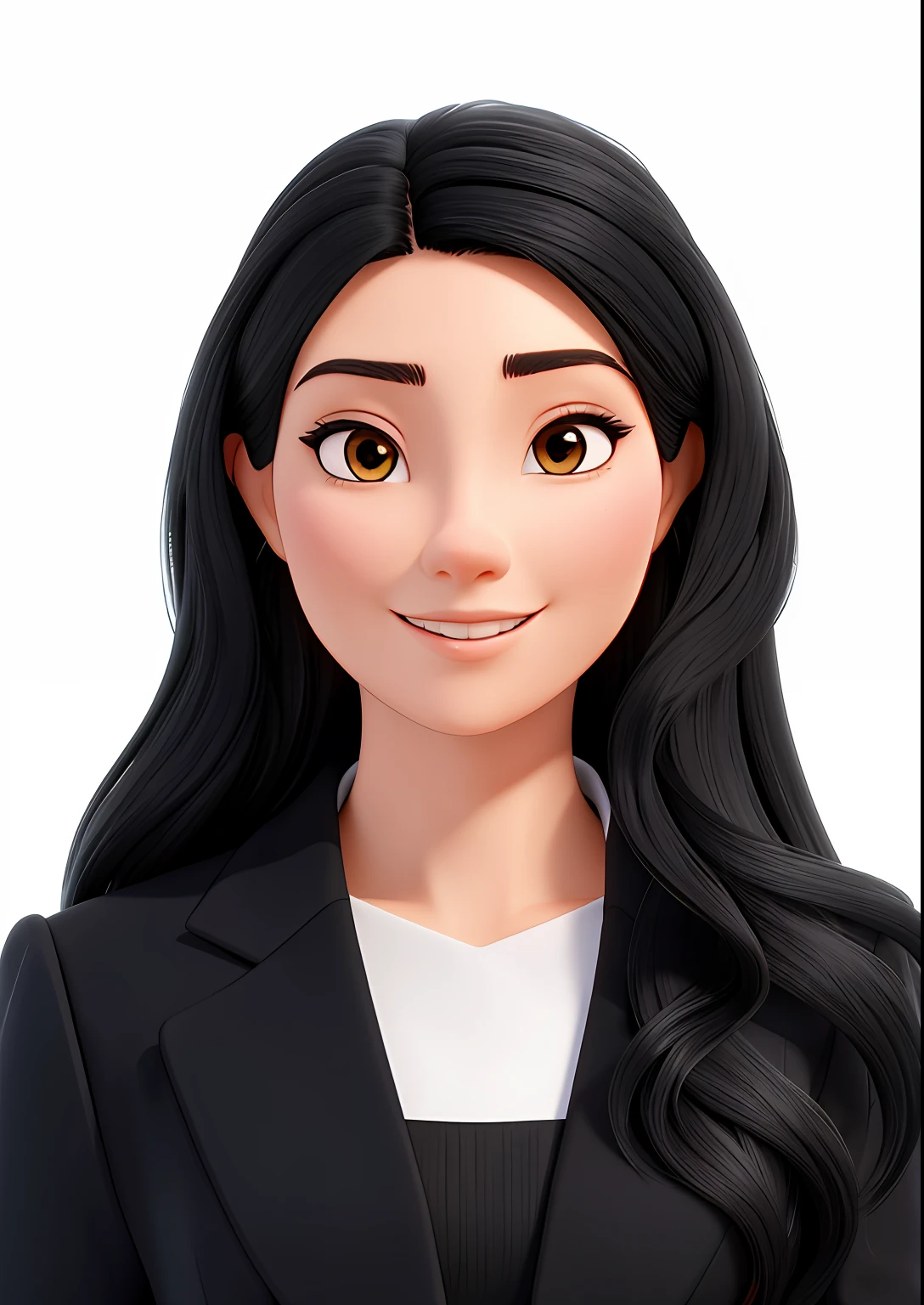 Close-up of a woman with long black hair in a black suit,white backgrounid,Asian people,
