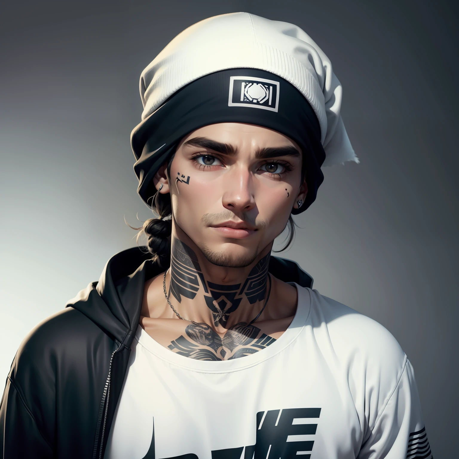 Homem com bandana, cabelo curto branco,com moletom branco e preto da Nike, brincos, olhando para espectador, olhos castanhos, neck tattoo,