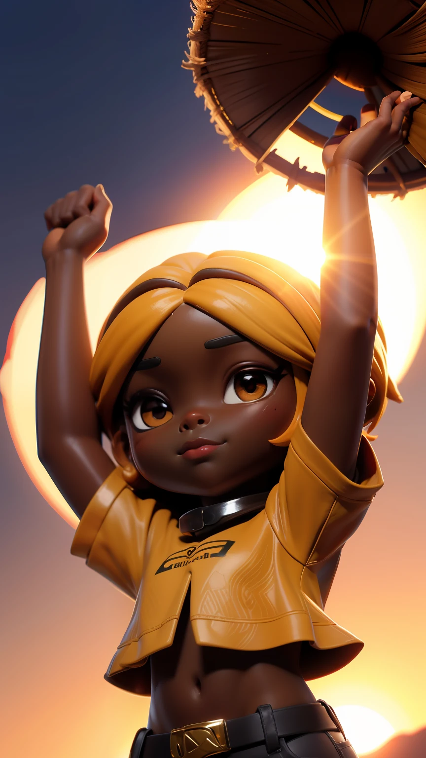 Chibi African Girl Coffee Color:1 queimada pelo sol, with hands up, pele preta1, brown skin with hands up at noon, num nascer do sol, dia claro, claridade suave, Cinematic shade of the sun, foto limpa. Clara 8k