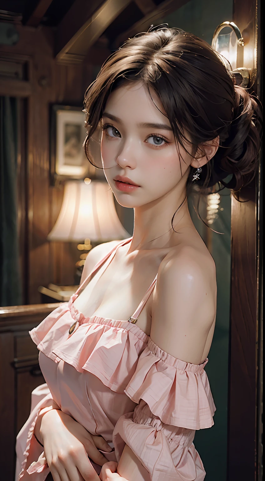 Best Quality, Masterpiece, Ultra High Resolution, (Realisticity: 1.4), Original Photo, 1girl, Pink Off-the-Shoulder, Cinematic Lighting
