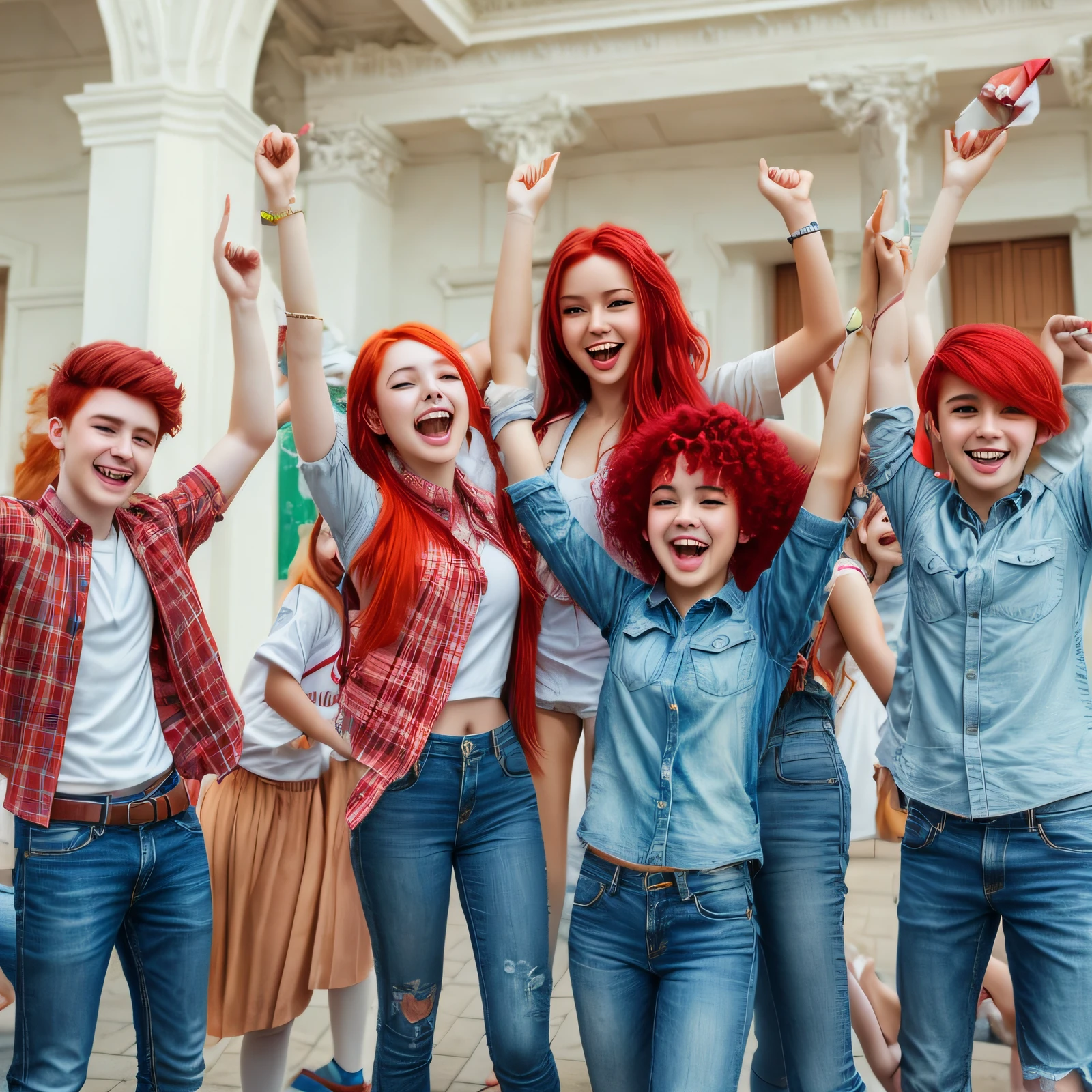 Beautiful young teacher with red hair and white skin with happy students, everyone having fun, stunning image, exceptional, warm and joyful atmosphere, having a good time, standing triumphant and proud, stock image, shutterstock, next gen, pexels, children's, very excited, motivational