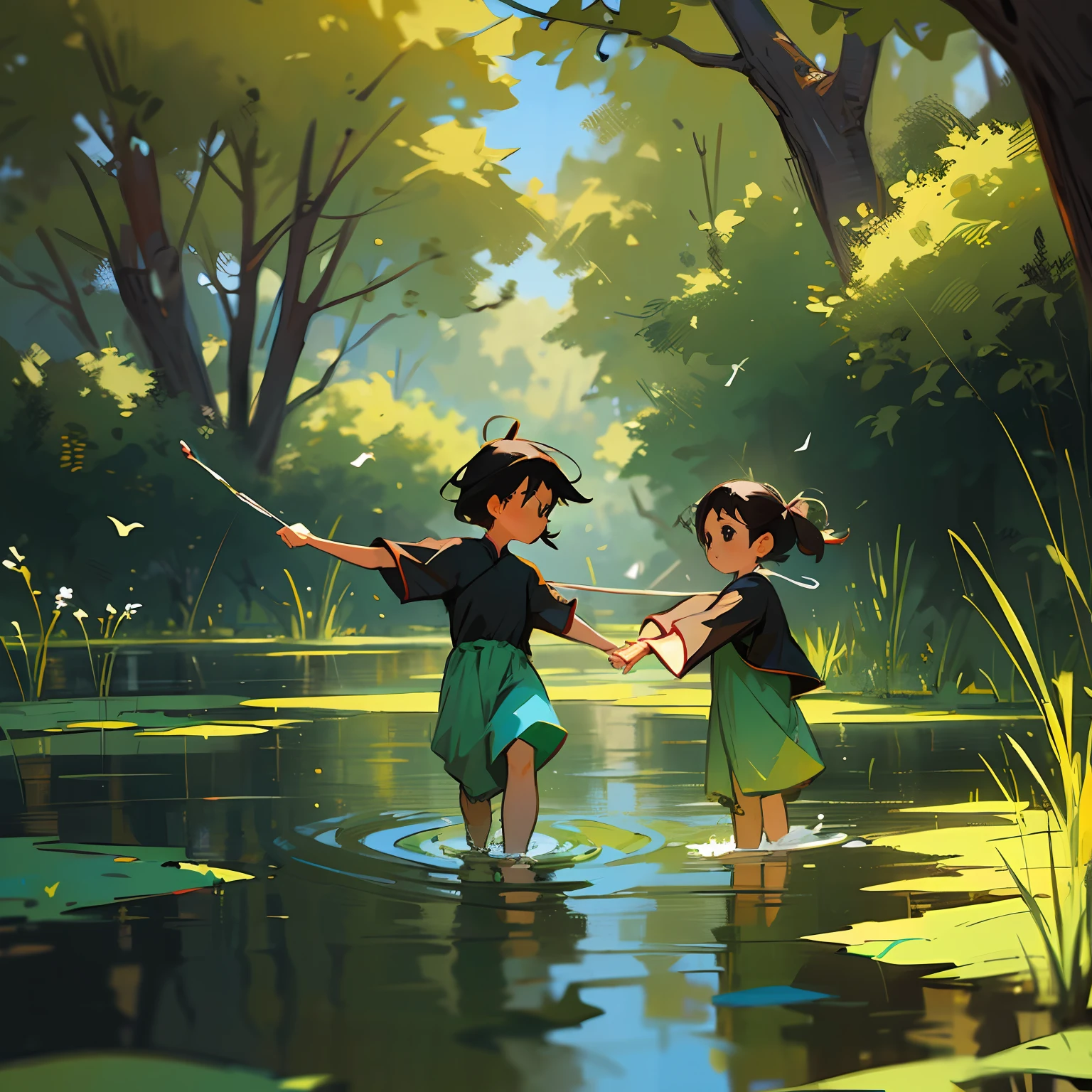 8k, masterpiece, high quality, children, black hair and black eyes, oil painting, Q version, green short sleeves, Chinese children's clothing, playing in the stream, background tree