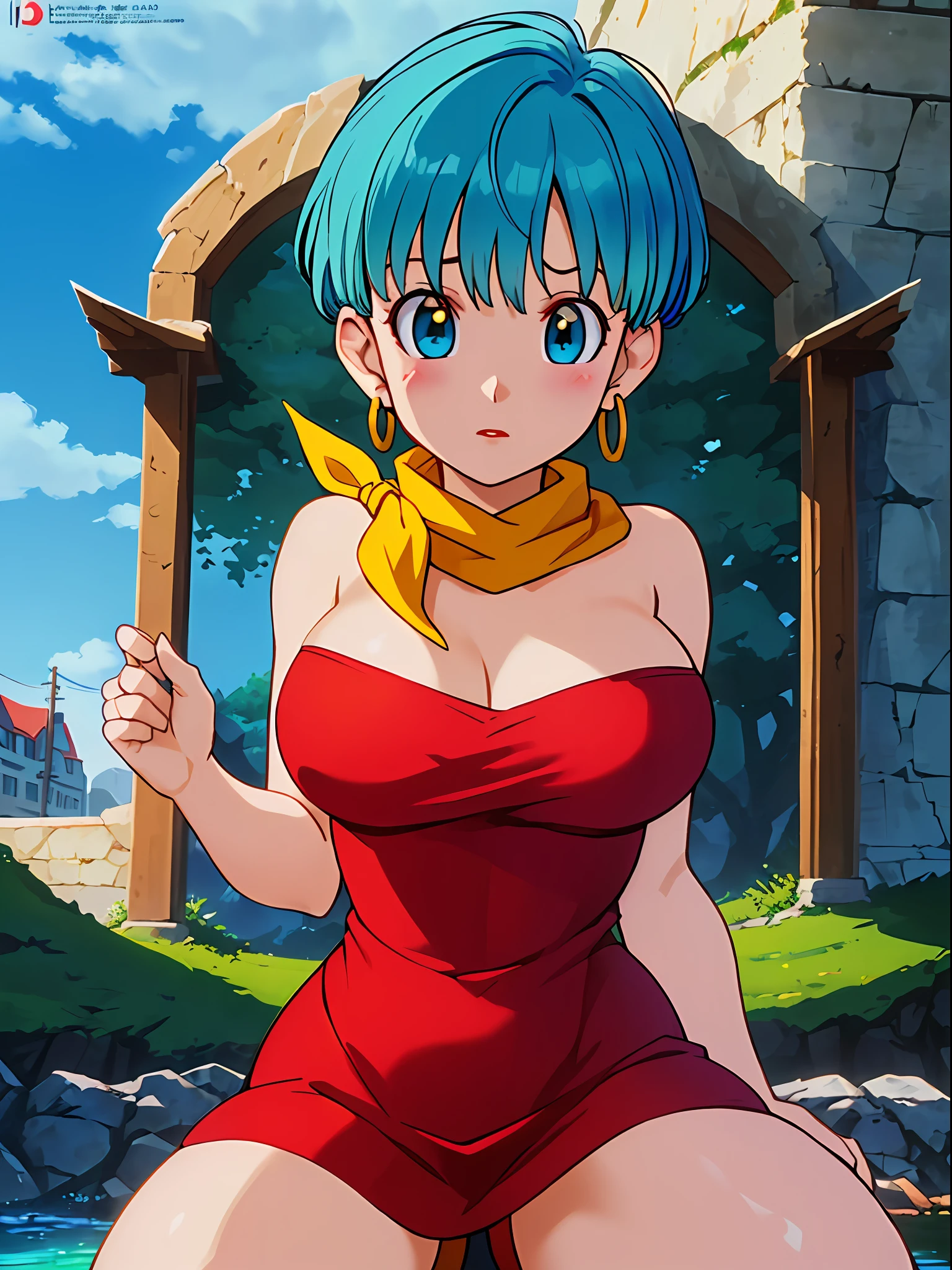 Masterpiece, Best quality, Highest quality, (Perfect lighting), (Photorealistic), Perfect anatomy, Perfect face, Perfect eyes, 
 bulmadbzreddress, aquamarine hair, Short hair, Blue eyes, Earrings, Red dress, Yellow scarf, Blue sky, Clouds, on a cliff looking at a city, (BishoujoMom: 1.5), very tight red dress, legs that open, ((Huge breasts, cleavage))), ((Thick thighs, Hourglass figure)), (Topless), 1.5) ((thick and red lips), ((Blue eyes)), ((aquamarine hair)) Photorealistic, Photo, Masterpiece, Realistic, Realism,  Photorealism, Photorealism, High contrast, photorealistic digital art trend on Artstation 8k HD HD realistic detailed, Detailed, Skin texture, ultra - detailed, Realistic skin texture, Best quality, 超高分辨率 (Photorealistic: 1.4), high resolution, Detailed, RAW photo, Sharp Re, author：Lee Jeffreys Nikon D850 Film Stock Photography 4 Kodak Portra 400 Camera F1.6 lens rich colors realistic texture hyper-realistic dramatic lighting unrealEngine trend in ArtStation CineStill 800,