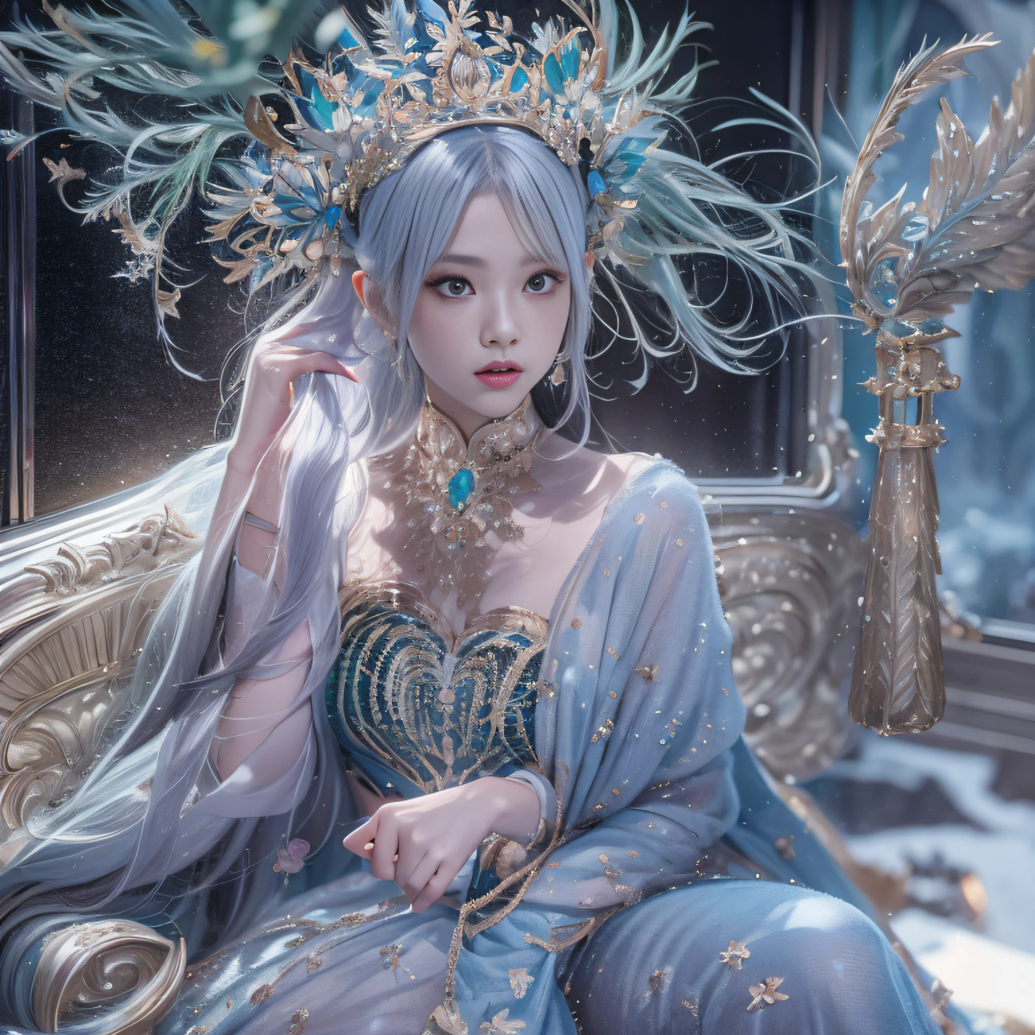 Impeccable，16k（tmasterpiece，k hd，hyper HD，16k）short detailed hair，Vintage train dining car area，Ice clear jade fairy ，Black Dragon Protector （realisticlying：1.4），Python robe，Purple-pink tiara，Snowflakes fluttering，The background is pure， A high resolution， the detail， RAW photogr， Sharp Re， Nikon D850 Film Stock Photo by Jefferies Lee 4 Kodak Portra 400 Camera F1.6 shots, Rich colors, ultra-realistic vivid textures, Dramatic lighting, Unreal Engine Art Station Trend, cinestir 800，