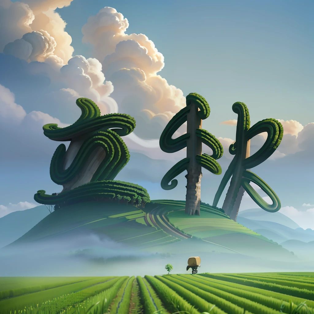 An old farmer carries a flat burden, Walk the winding roads of the countryside, large clouds, Blue sky, Rice fields, There are neat rice seedlings in the field, forest, hillside, Quiet, zona rural, high definition detail, hyper-detailing, Cinematic, surrealism, Soft light, Deep field focus bokeh, Ray tracing, and surrealism,Cloud,jianzhi
