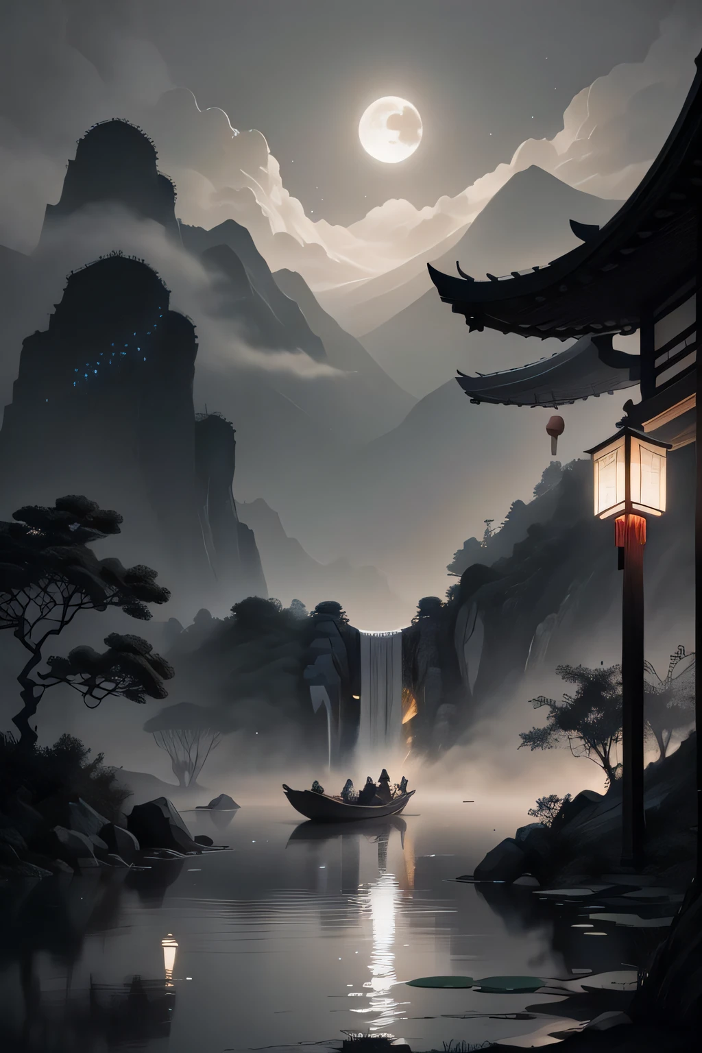 masterpiece,best quality,Chinese martial arts style,an asian night scene with lanterns and water lilies,asian pond with many lanterns and boatsa night scene with many lights and boats in the water, Lake surface, lotus flowers,beautiful night scene,(((Chinese martial arts style))), with vast sky, continuous mountains and steep cliffs, ink wash style, outline light, atmospheric atmosphere, depth of field, mist rising, bamboo, pine trees, octagonal stone pavilion, waterfall flowing water,big full moon,(No color) , Monochrome, light color,