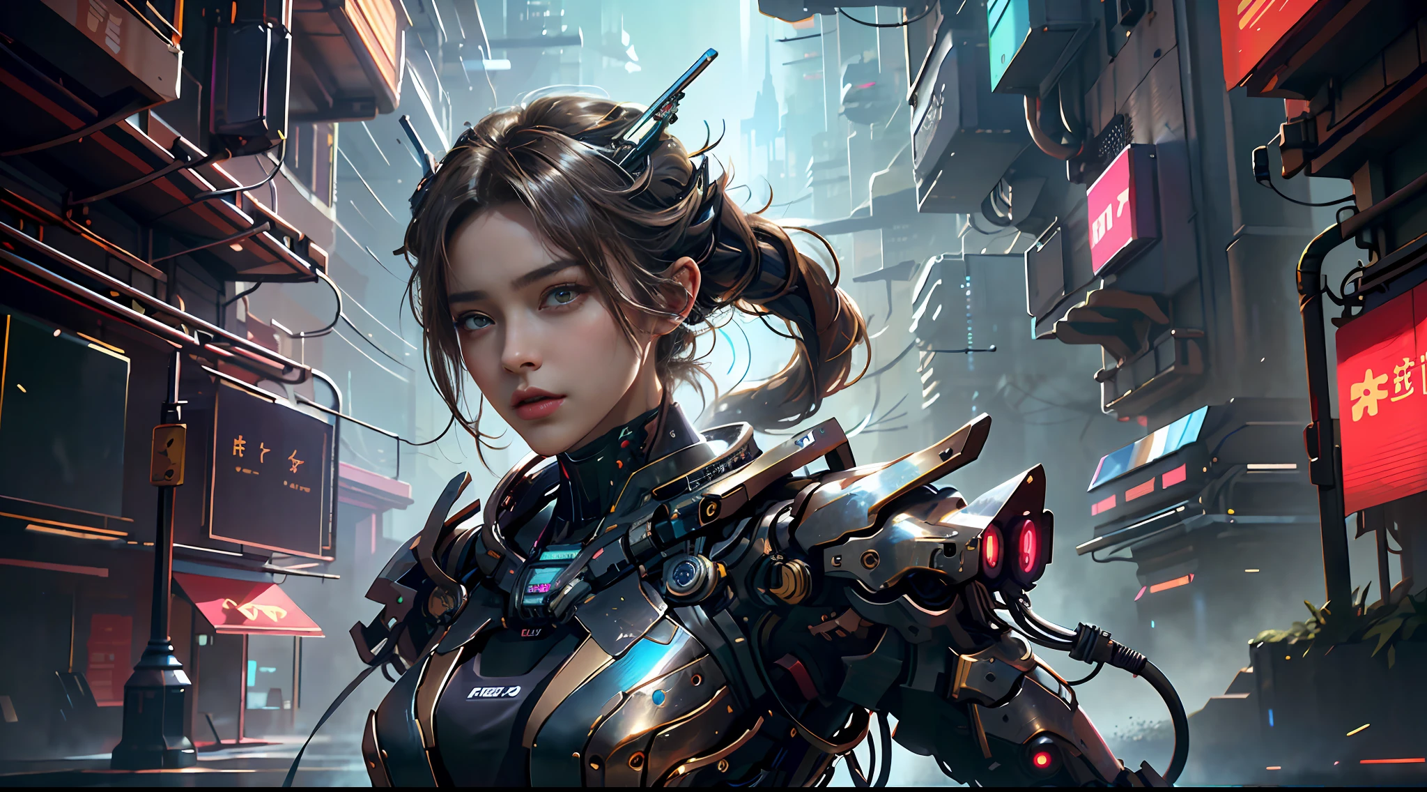 tmasterpiece,top-quality,best qualityer,offcial art,Beauty and aesthetics:1.2),(tmasterpiece:1.3), (8K, realisticlying, RAW photos, best qualtiy: 1.4), beauitful face, (photorealiscic face),超高分辨率, Ultra photo realsisim, highly detailed, the golden ratio, (Award-winning digital artwork:1.3) af (sketching:1.3),(with dynamism:1.3),(Saturation:1.3),(Close portrait:1.3),illusory engine, (High detail: 1.9),(femele:1.4),(big breasts beautiful: 1.4),(carismatic:1.3),Girl in futuristic suit holding weapon,In front of the city of gunsmoke,Gunsmoke Street,battlefiled, Real women,Real face,cute female child, The perfect cyborg girl, Beautiful female ,beautiful girl cyborg,robotic hand,CG,4K,dramatics,Large breasts,the night,cyber punk perssonage,looks into camera,dramatics