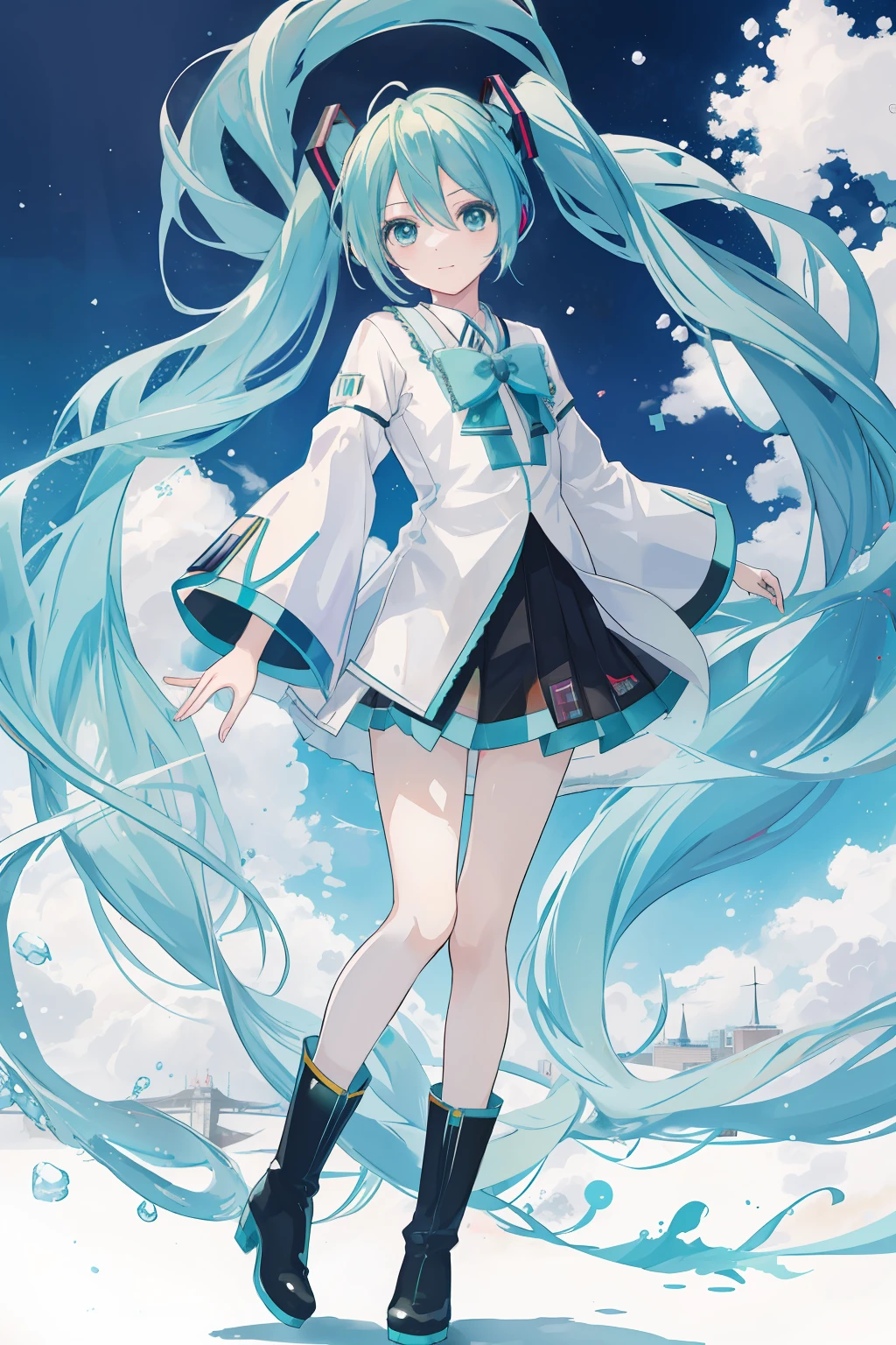 tmasterpiece,Colorful,Best quality at best,独奏,1girl,boots,green-eyed,A high resolution,looking at viewert,standing on your feet,Manteau blanc,(校服:1.3),hands in a pocket, anime girl with long blue hair and a white shirt and black skirt, Hatsune Miku, Portrait of Hatsune Miku, Hatsune Miku short hair, vocaloid, hatsune miku portrait, Os amigos, mikudayo, Anime girl with teal hair, Hatsune Miku cosplay, hatsune miku face, style of anime4 K, An anime girl, attractive anime girls