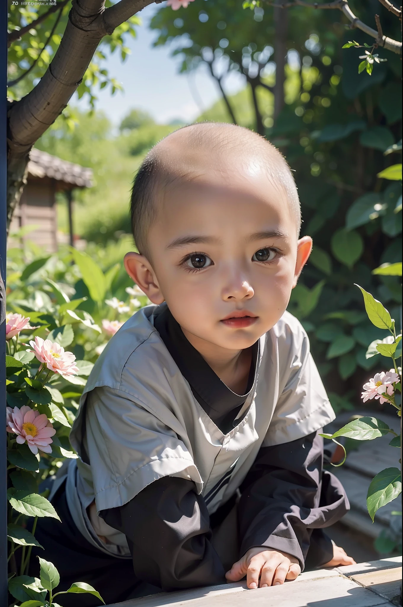 tmasterpiece,Best quality at best,8k wallpaper,A handsome boy,(little monks:1.2),(bald-headed:1.2),(The is facing the screen:1.25),frontage,largeeyes,Surrounded by beautiful flowers and nature。The illustration is a high-definition illustration in 4K resolution