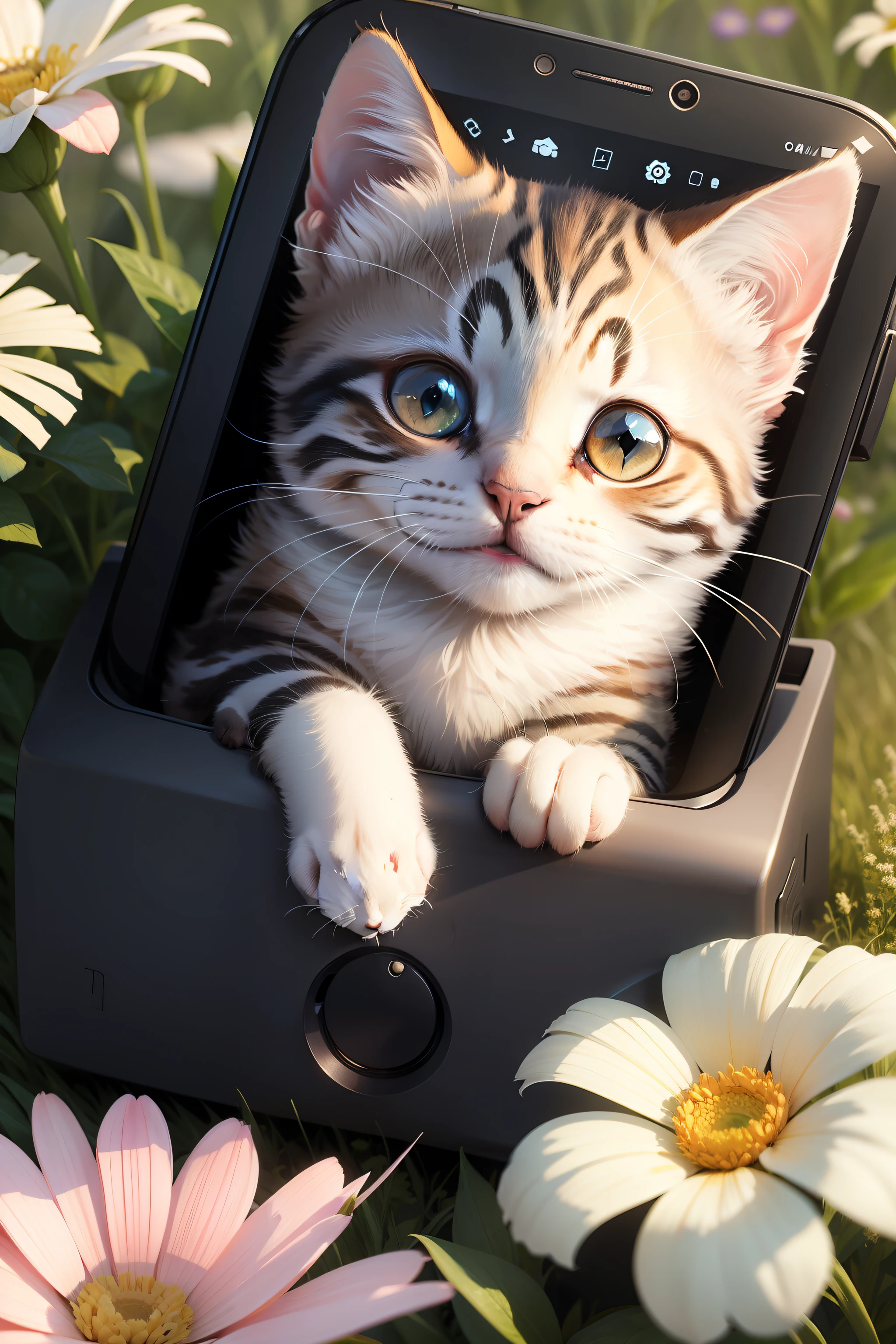 The kitten came out of the phone screen among the flowers