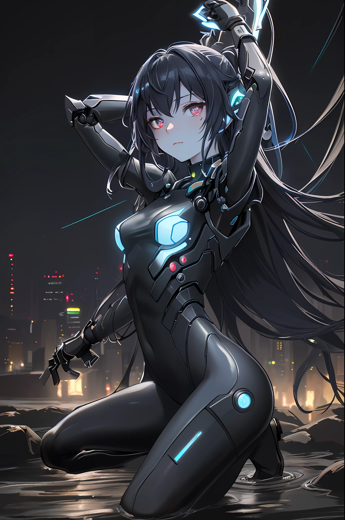 Photo, High quality, (1 close-up of the girl), to8contrast style,Mechanical arms, Cyborg, Mucous colored skin, Liquid mucous skin, Arms up, Masks, Slime girl, Red eyes,(((Alone in the dark, Tokyo night background, unlit, hard shadows, Deep contrast))), Pantyhose, Blue lights, ModelShoot style, Small breasts,(Extremely detailed Cg Unity 8K wallpaper), full bodyesbian, crouched, most beautiful artwork in the world, trending on artstationh, trending on CGSociety, Intricate, High detail, Sharp focus, Dramatic, Night starry sky, The art of realist painting by Midway and Ilya Kuvkhinov,