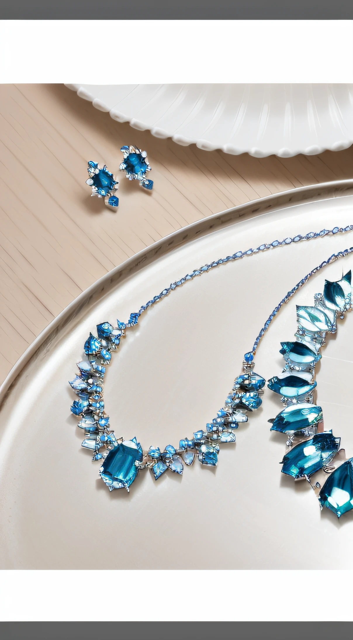 Velvet cloth on ceramic plates and mirrors，On the plate and on the mirror are necklaces、earrings and rings，Paraiba blue jewelry, dazzling, The multi-faceted refraction of dazzling brilliance，High- sharpness，SLR camera quality