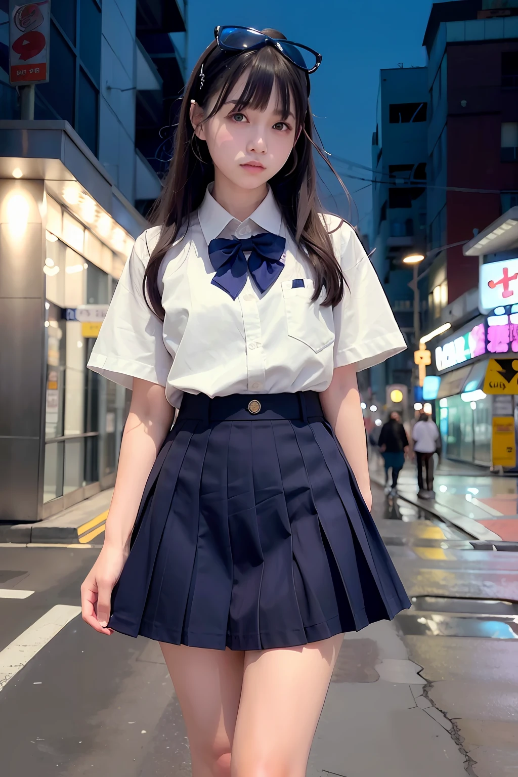 (8k, RAW photo, best quality, masterpiece:1.3),(realistic,photo-realistic:1.37),(night),(looking at viewer:1.331),(white hair),posing,Tokyo street,nightcityscape, cyberpunk city,soft light,1girl,extremely beautiful face,bust,put down hands,Random hairstyle,Random expression,big eyes, ,lower abdomen,(short-sleeved
JK_shirt),JK_style,(dark blue JK_skirt) ,(bow JK_tie),mix4