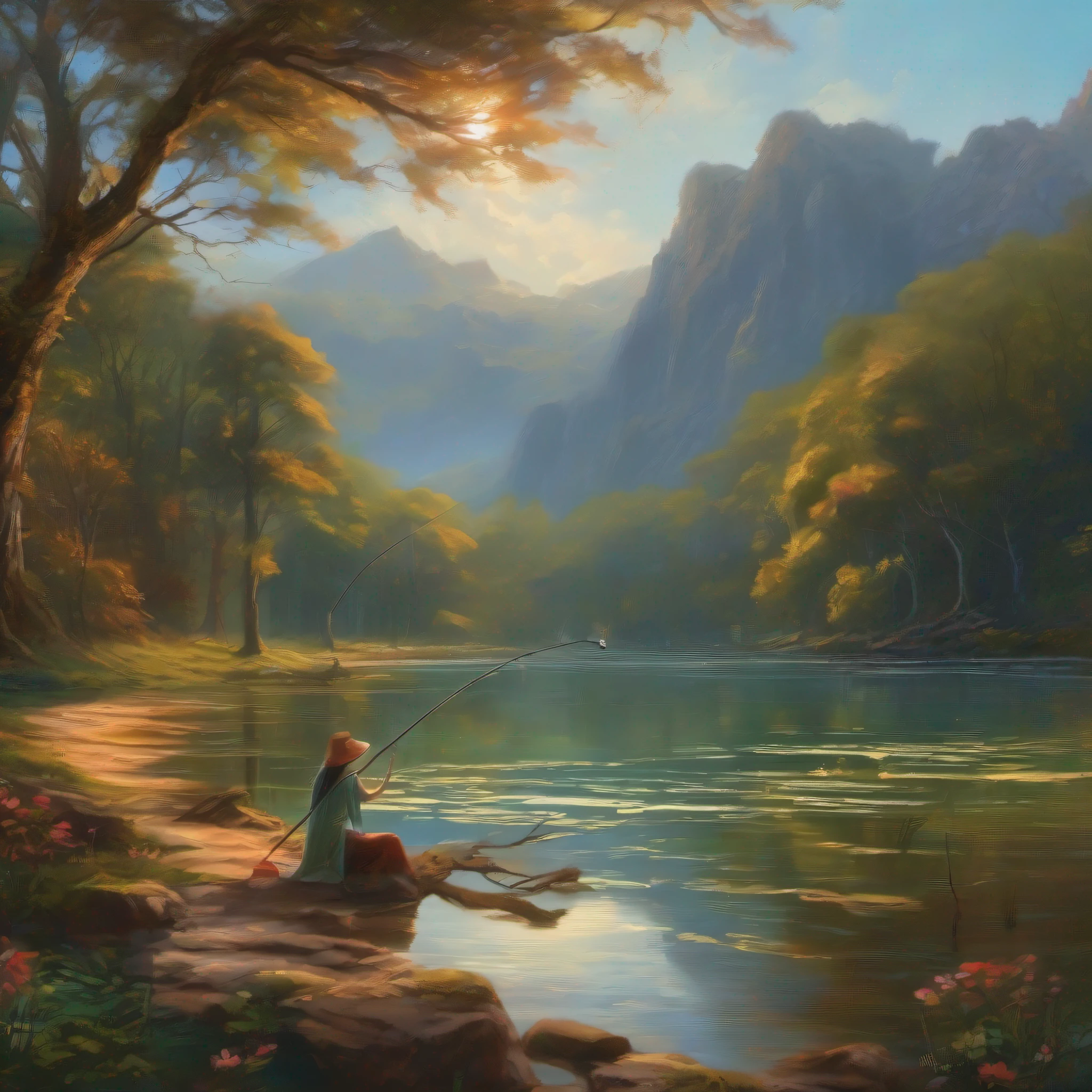 (melhor qualidade, obra-prima) A beira de um lago tranquilo, surrounded by majestic trees, uma mulher pescando, em um estilo de pintura digital exuberante e encantador.