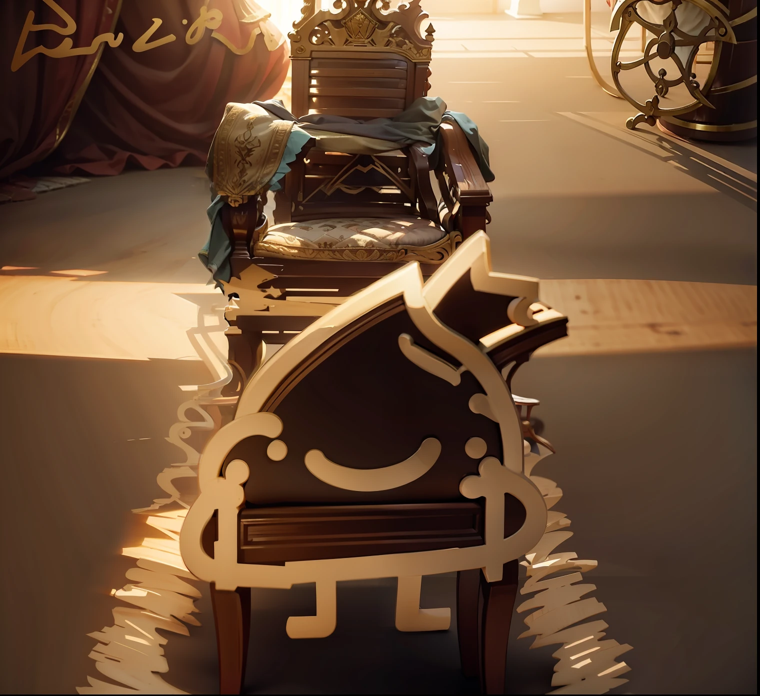 A lump of stool,With a crown,Stand in front of a nice chair,Sluggish facial expression,With a smile on your face,Stepping on the carpet underfoot
