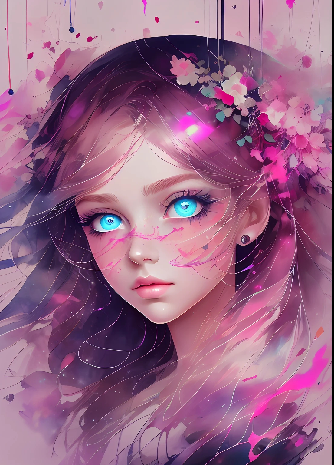 This is a dreamy and ethereal image. Generate a whimsical princess by Agnes Cecile with beautifully detailed and realistic eyes. Include ink drips and fairy lights. The colors used should be soft and pastel except for her eyes, which should be bold and realistically shaded.