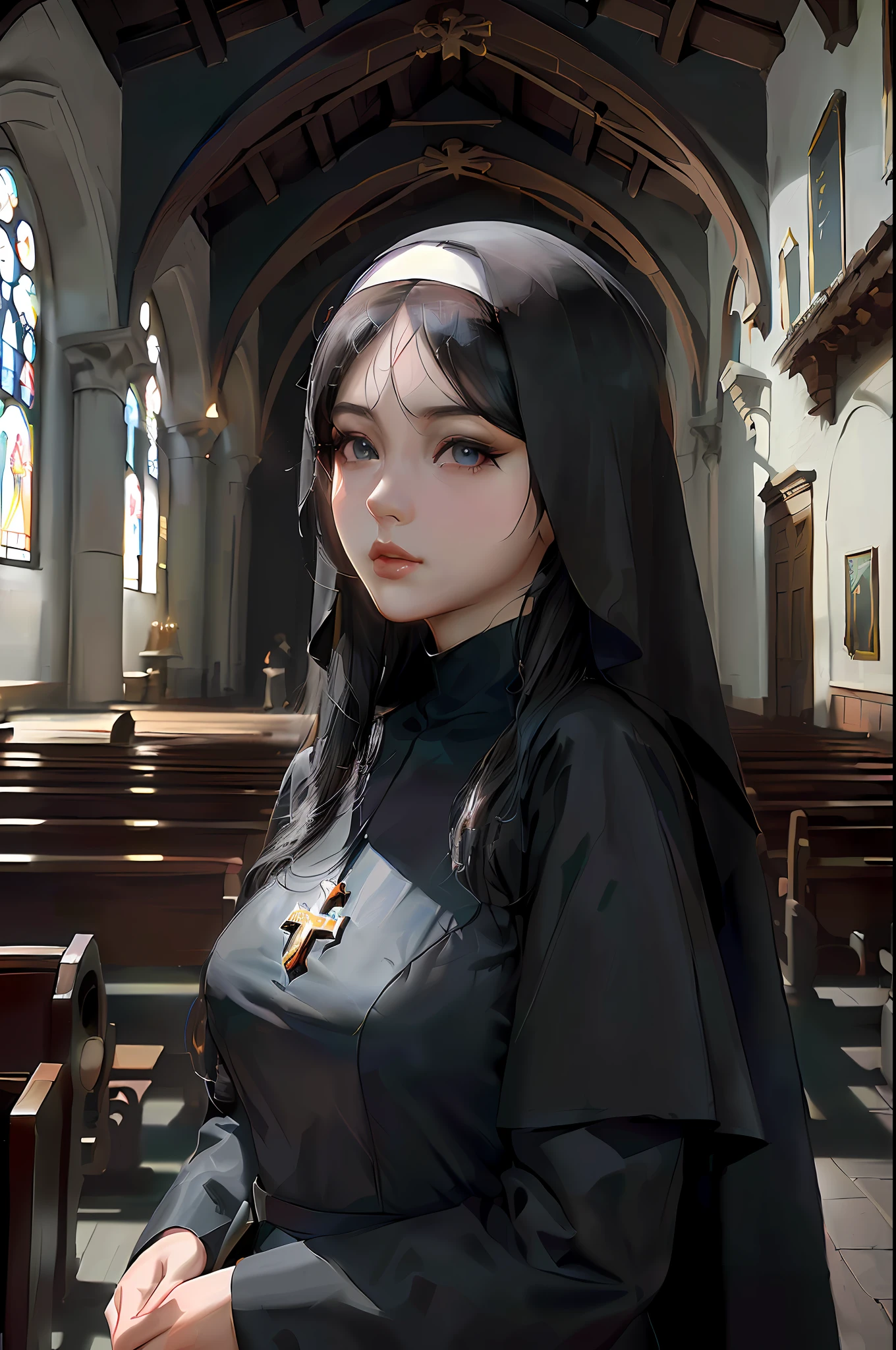 An Arad woman dressed in a black nun costume sits in a church, Guviz-style artwork, Guviz, Guweiz on ArtStation Pixiv, Guweiz in Pixiv ArtStation, nun fashion model, Realistic anime 3 D style, trending on cgstation, author:yanjun cheng, guweiz masterpiece, nun outfit