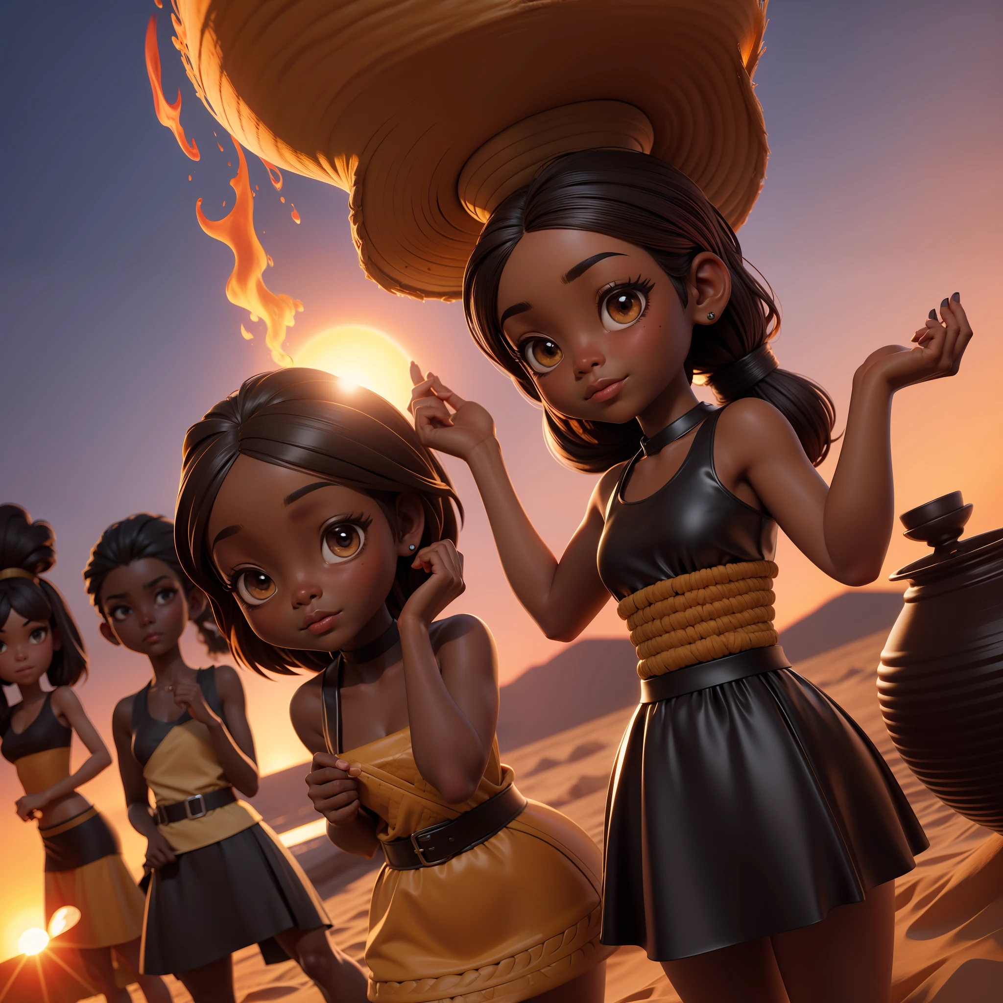 Chibi African Girl Coffee Color:1 queimada pelo sol, with hands up, pele preta1, brown skin with hands up at noon, num nascer do sol, dia claro, claridade suave, Cinematic shade of the sun, foto limpa. Clara 8k, ...3D