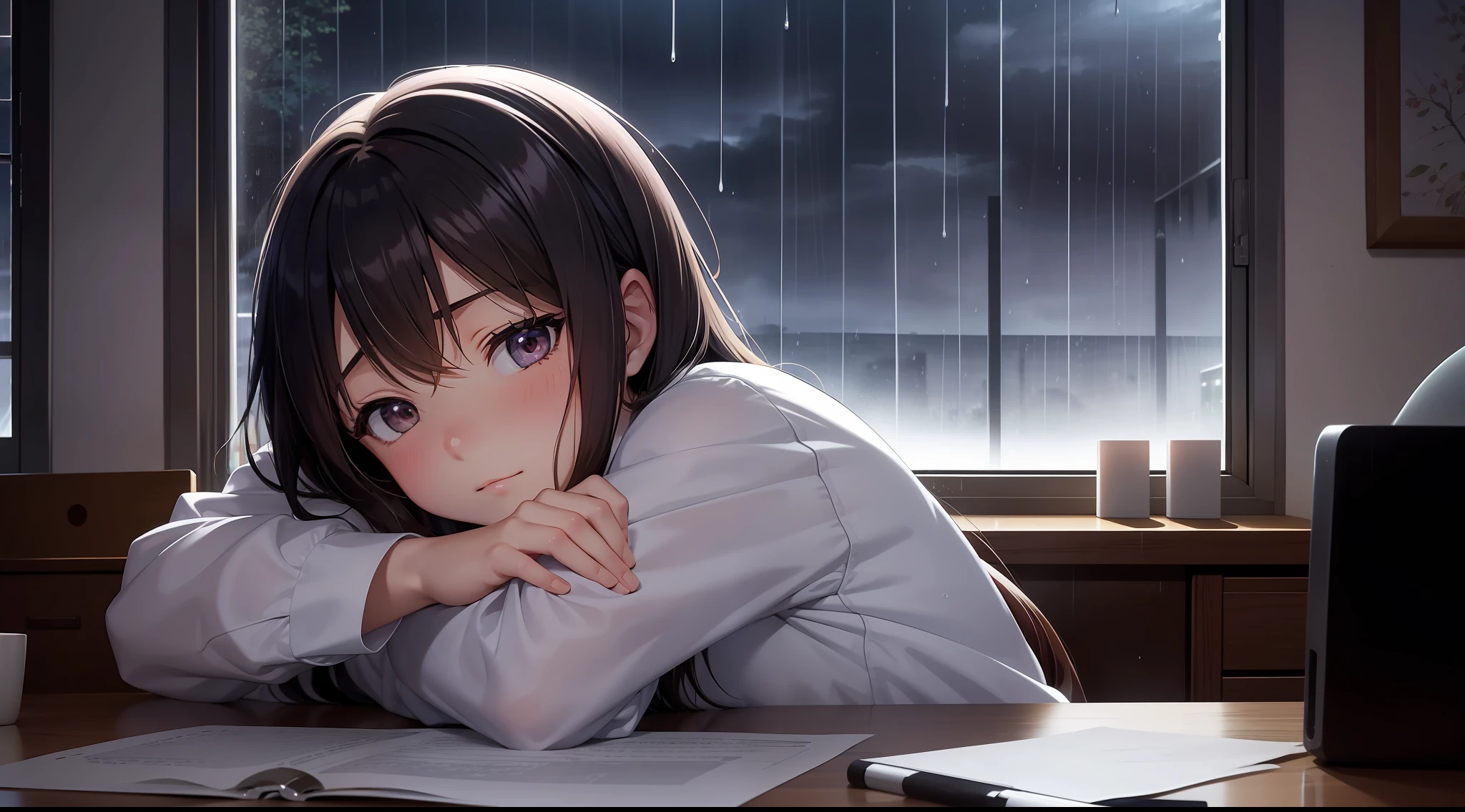 manga cartoon image of a girl at her desk resting her head on the table sleeping in the background a window where you can see the rain falling next to her window a candle , in the rainy night in high definition