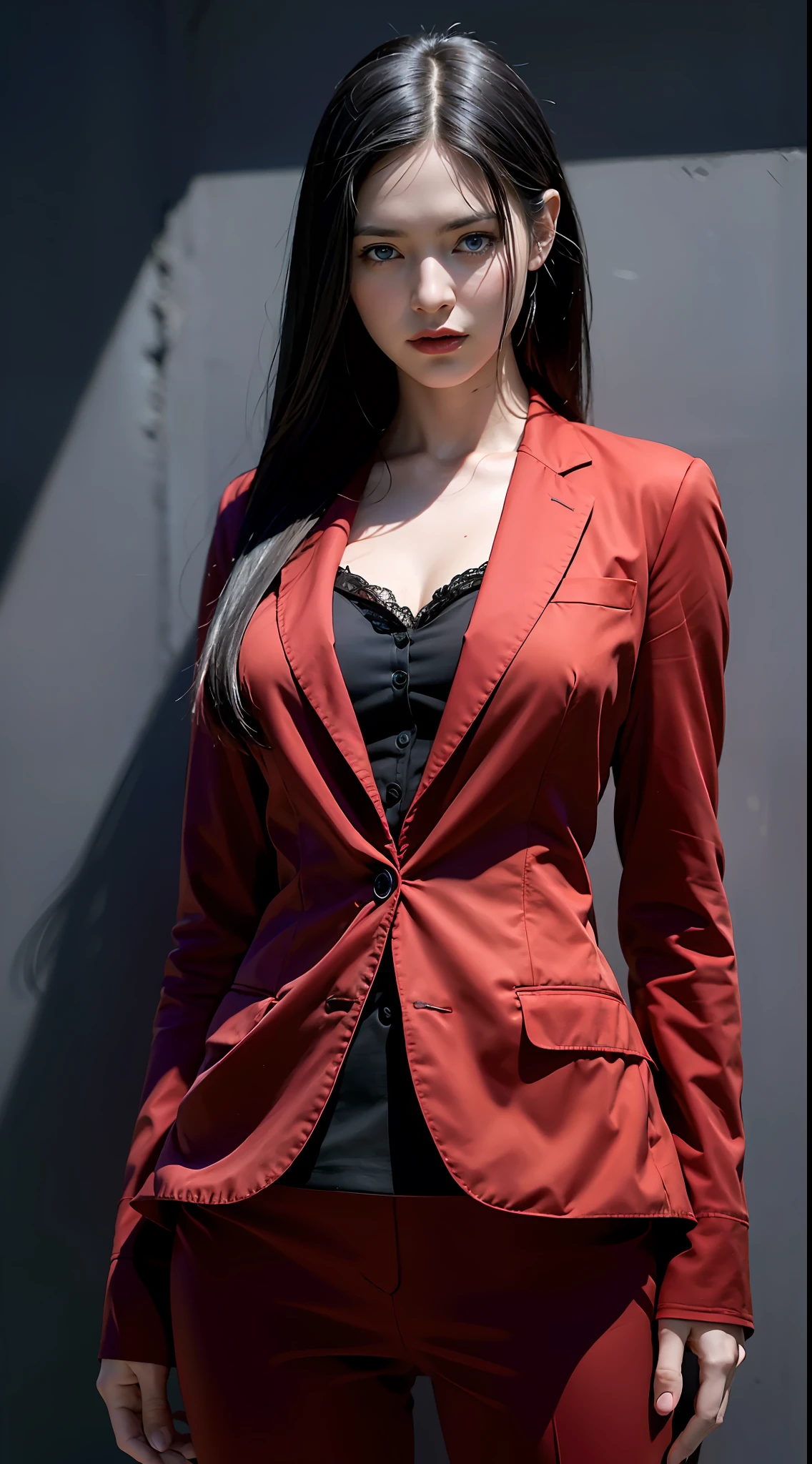 Best quality, masterpiece, ultra high res, (photorealistic:1.4), raw photo, 1girl, black hair, blue eyes, detailed eyes and face, red suit, dynamic lighting, in the dark, deep shadow, low key, cowboy shot, full-lenght body