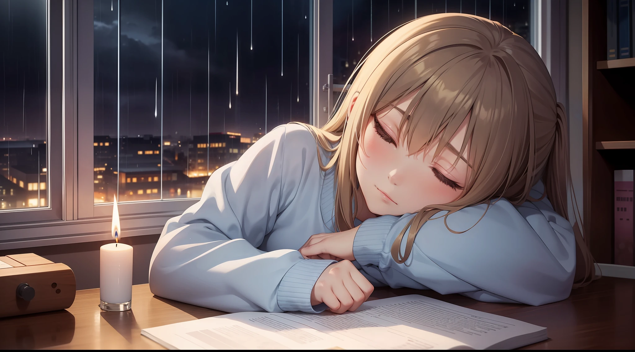 manga cartoon image of a girl at her desk resting her head on the table sleeping in the background a window where you can see the rain falling next to her window a candle , in the rainy night in high definition