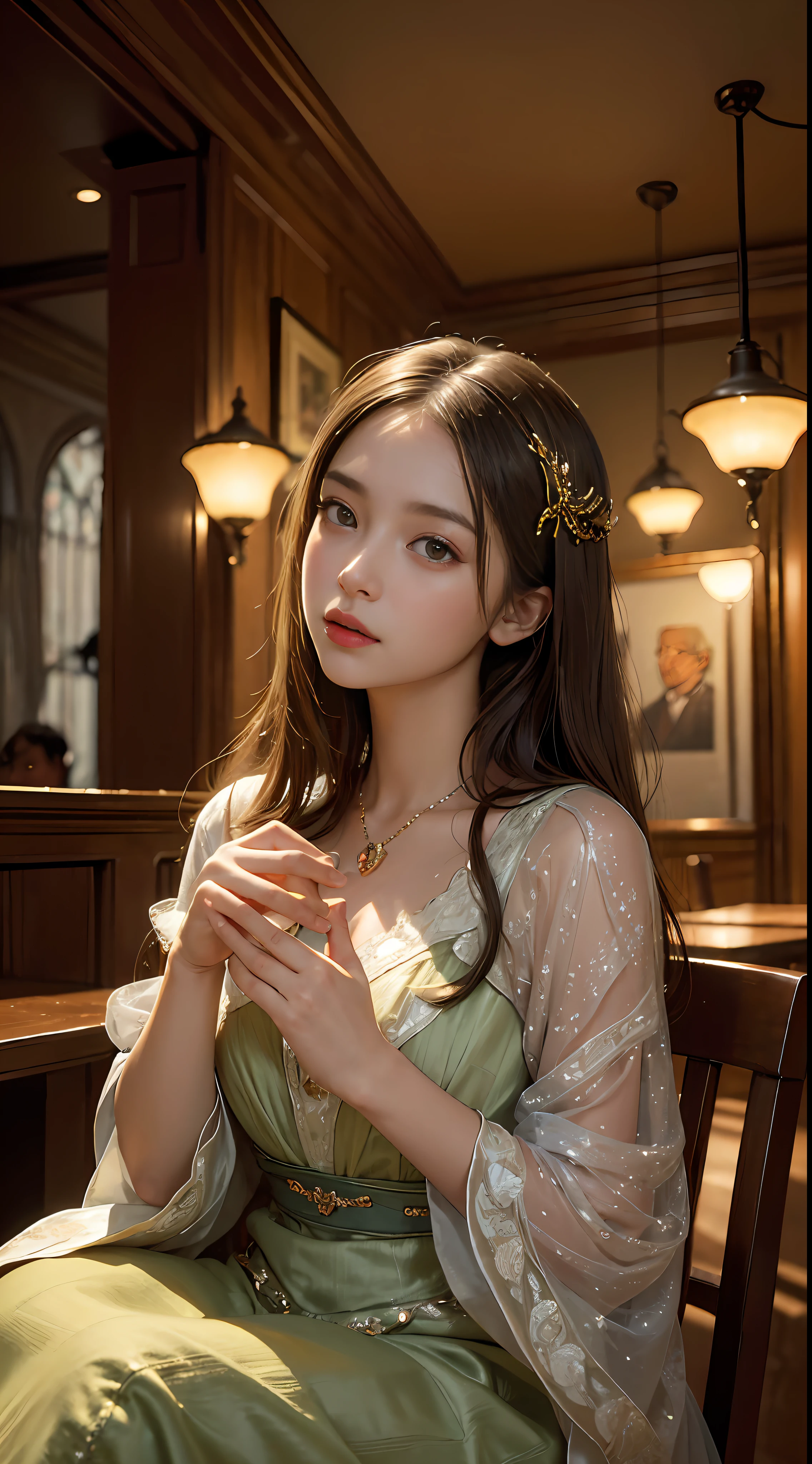 Picture quality:High detail masterpiece 8k high resolution
Body content:1girl,Surrealist portraits of women by David Hockney and Alphonse Mucha,Very detailed faces,hair glowing,low tune,whaite hair,long whitr hair,A stunned expression,graceful movements,
Background with:Vintage café,With a mysterious effect,Warm light
environment:There is a faint magic glimmer,warm lights,incandescent lamp
atmosphere:Cosy and comfortable,With a bit of autumn coolness
lamplight:Warm
color:High saturation,bright
composition:Rule of thirds composition
Style reference:photographrealistic