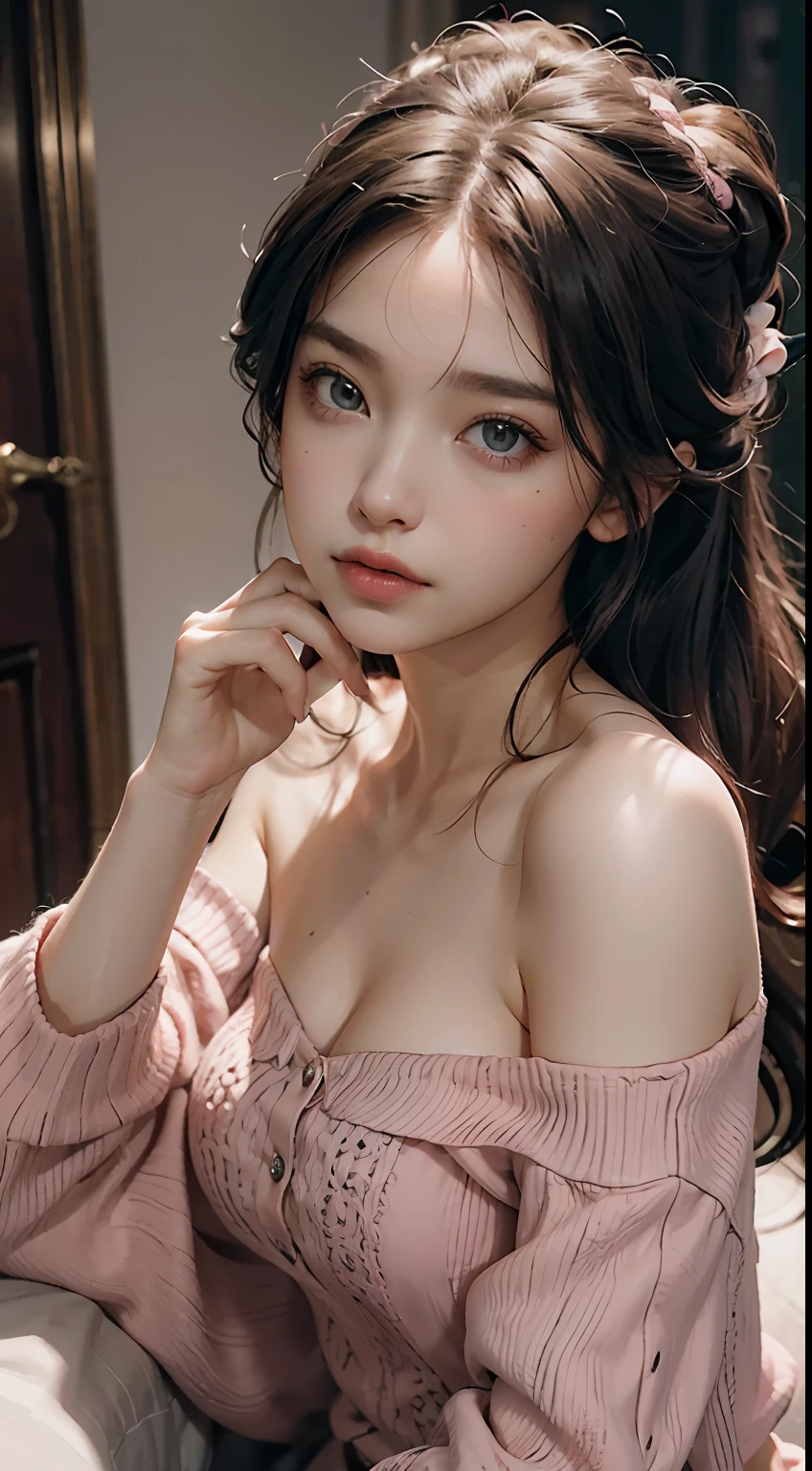 Best Quality, Masterpiece, Ultra High Resolution, (Realisticity: 1.4), Original Photo, 1girl, Pink Off-the-Shoulder, Cinematic Lighting