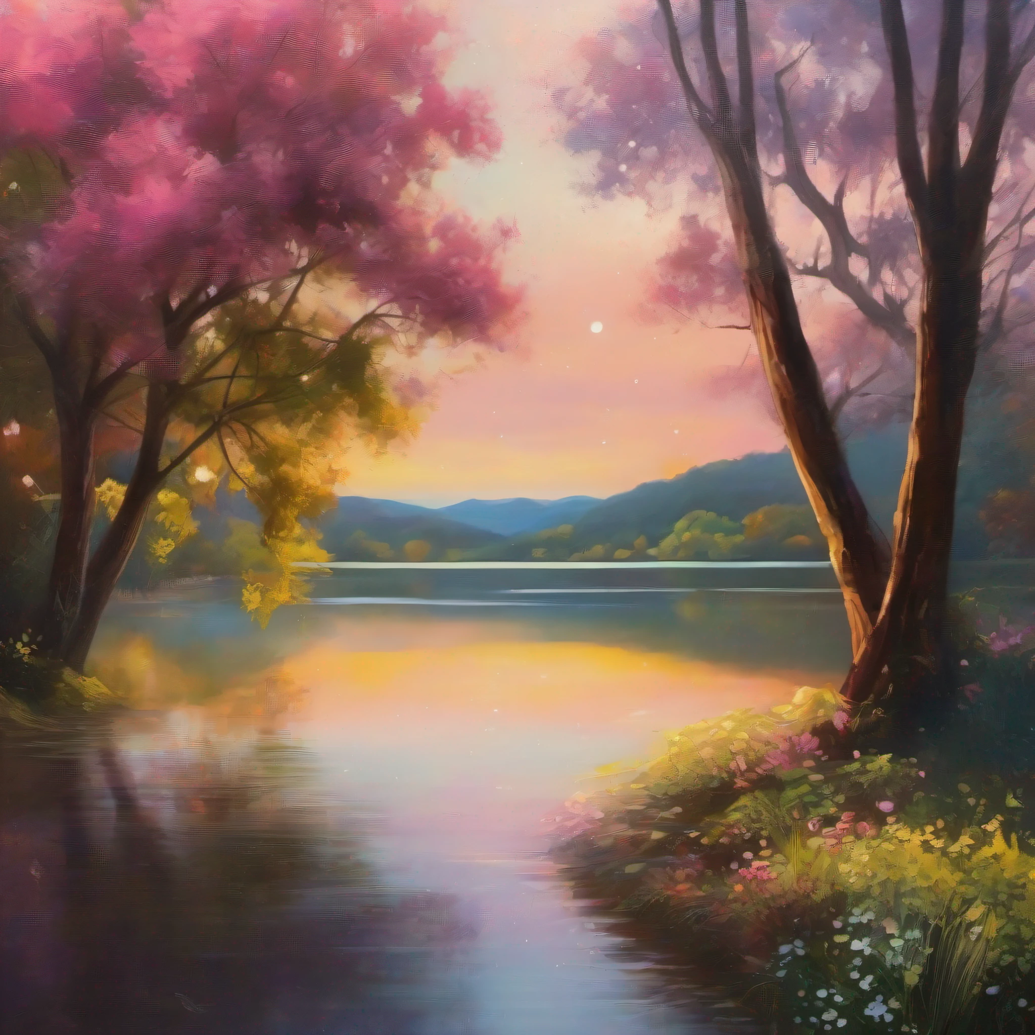 (melhor qualidade, obra-prima, amortecido, pintura digital vibrante, lago tranquilo, majestic trees, adorable feminine)
