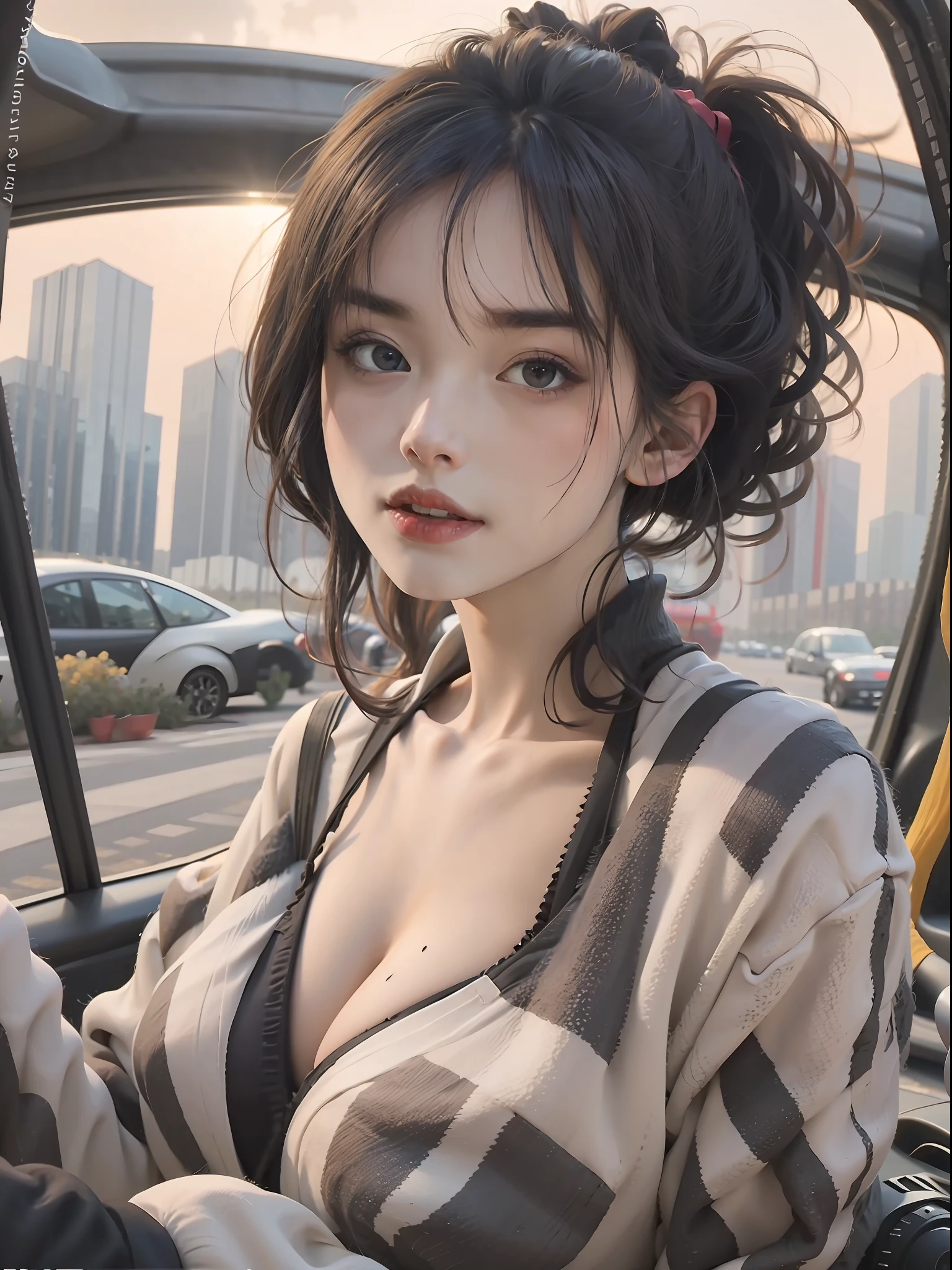 Female chest, Large cleavage, looking up, sexy women, front Face, Close-up chest, E cup, Overall, black hair, hair behind ear, ponytail, short hair, mole under eye, heterochromia, closed mouth, naughty face, fulllllbody, Surrealism, modern, Realism, Verism, cinematic lighting, film grain, Ultra-Wide Angle, close-up, fisheye, UHD, masterpiece, anatomically correct, high details, best quality, 8k