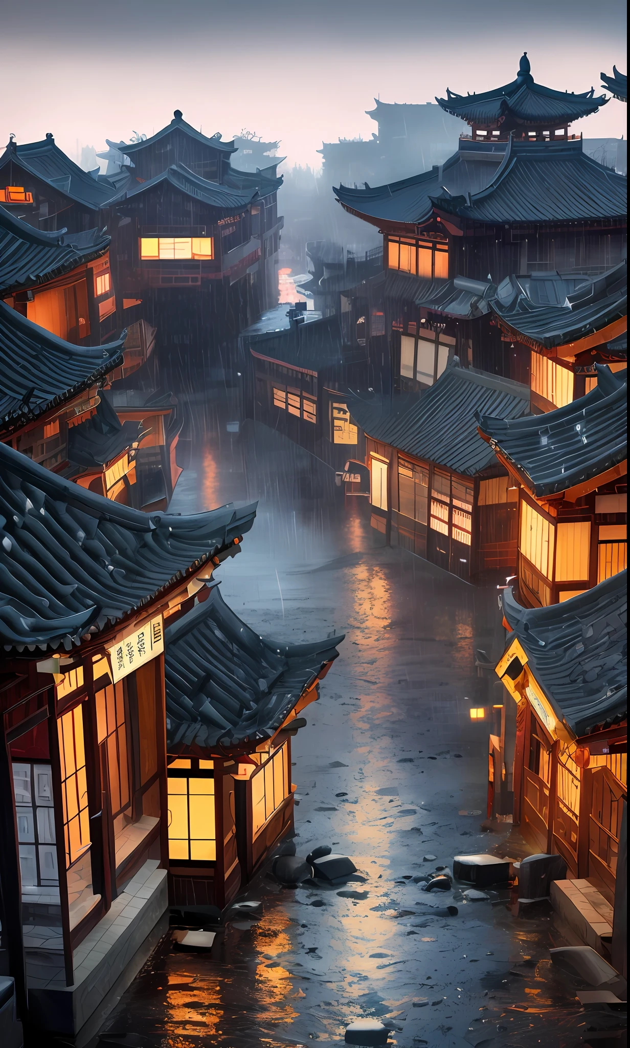 arafed view of a village with a lot of lights on the buildings, dreamy chinese town, chinese village, amazing wallpaper, japanese town, japanese village, hyper realistic photo of a town, old asian village, japanese city, by Raymond Han, rainy evening, cyberpunk chinese ancient castle, beautifully lit buildings, at evening during rain, beautiful and aesthetic, photography, cinematic, 8k, high detailed ((Heavy rain)))