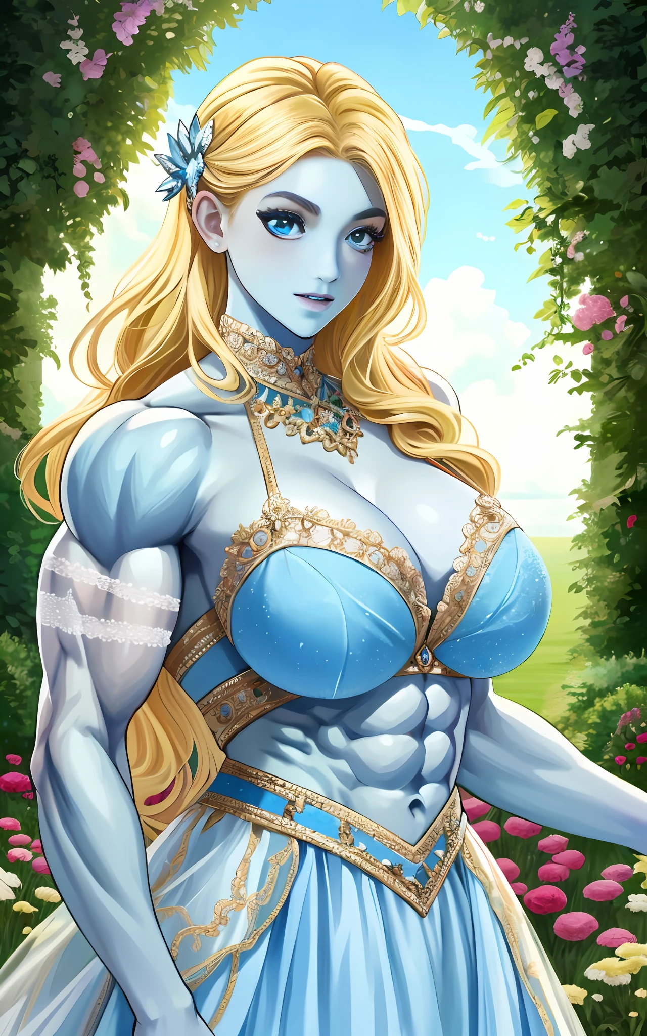 (1girll), huge tit, Breasts, Conque, Moisturizes skin, ,trpical garden , Fairy princess dress，Embellished with delicate lace and sparkling gemstones    ， teens girl,realistic illumination，top Quority，8K，tmasterpiece,Muscular female,Muscular,Abs,(Blonde hair), (Blue skin:1.4),