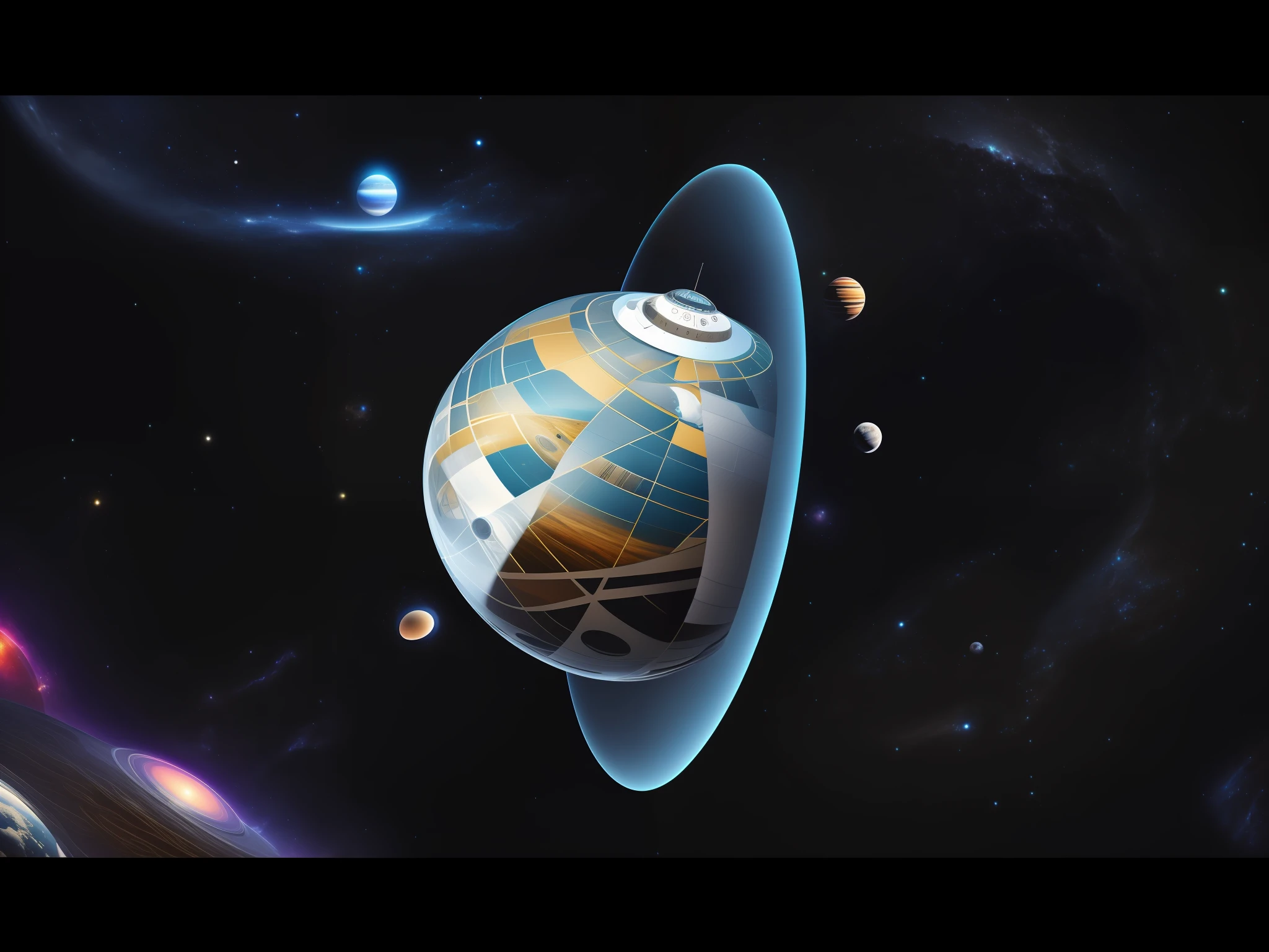 Clocks on planets and Dyson spheres in space,Round planet,mobius strip shaped planet,Art graphics in space,Space portal。