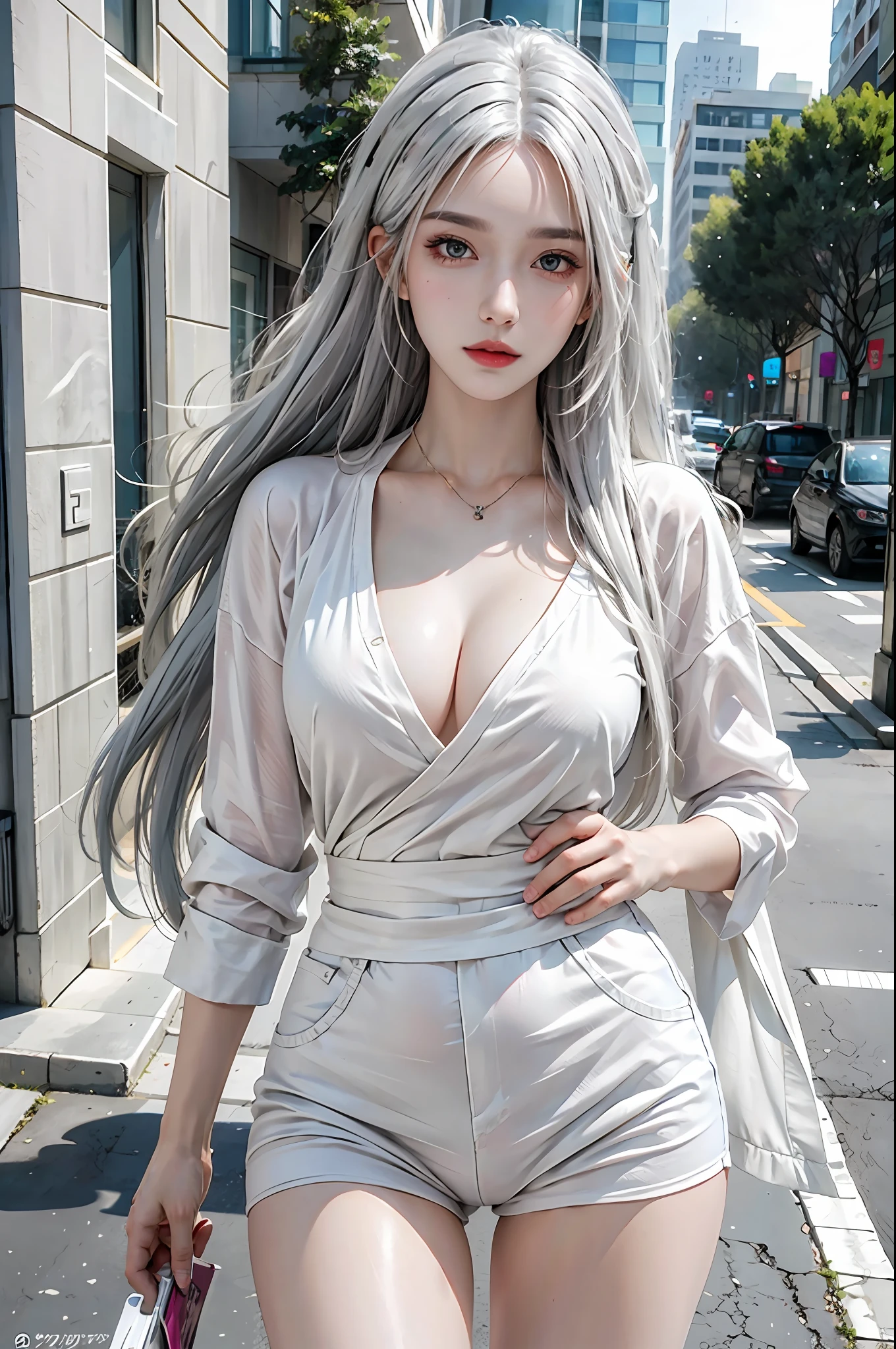 photorealistic, high resolution, 1women, solo, hips up, look at viewer, (detailed face), white hair, colorful street wear, tattoo, jewelry