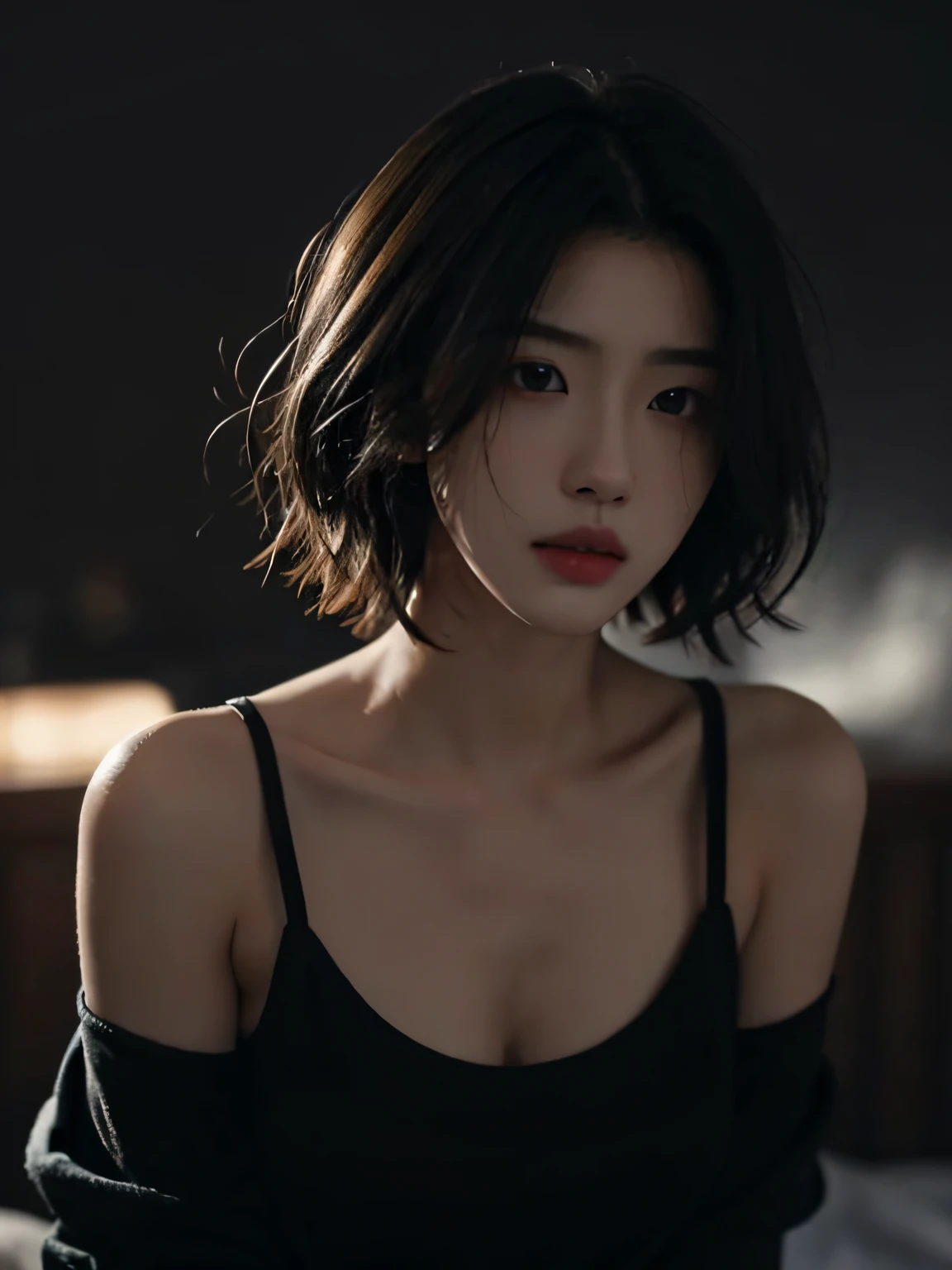 best qualtiy，tmasterpiece，超高分辨率，realisticlying，RAW photogr，1girll，bshoulders，in the darkness nigth，deep shading，low tune，cold light，Sexy look，short detailed hair。