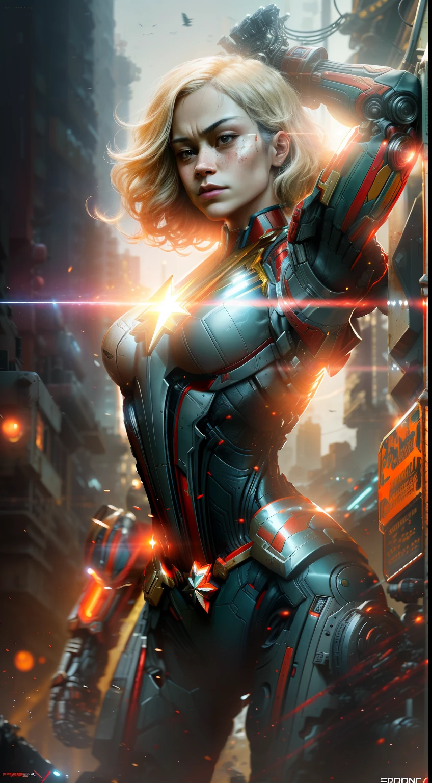 Captain marvel from Marvel photography, biomechanics, complex robot, red, full growth, hyper-realistic, crazy little details, incredibly clean lines, cyberpunk aesthetic, masterpiece featured on Zbrush Central, cyberpunk city backdrop