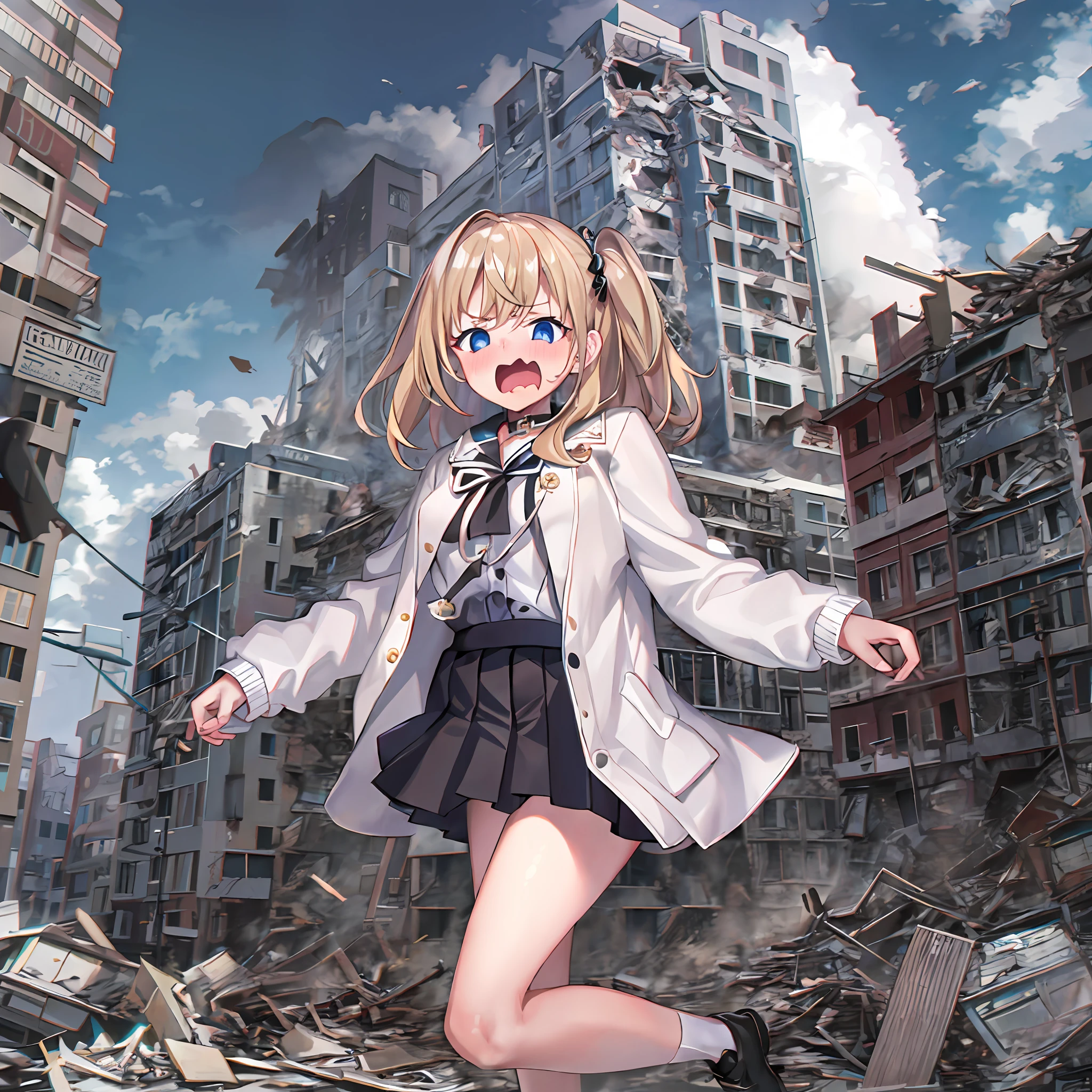 1girl, ************, Two legs, Two hands, Bigger than the building!!!, White jacket, Animal hood, White socks, Open jacket, Pleated skirt, Black skirt, Black sailor collar, school uniform, Black shirt, puffy long sleeves, standing, surprised, excited, nose blush, destroyed buildings, giantess art, giantess, GTSCity, Anatomically correct, Textured skin