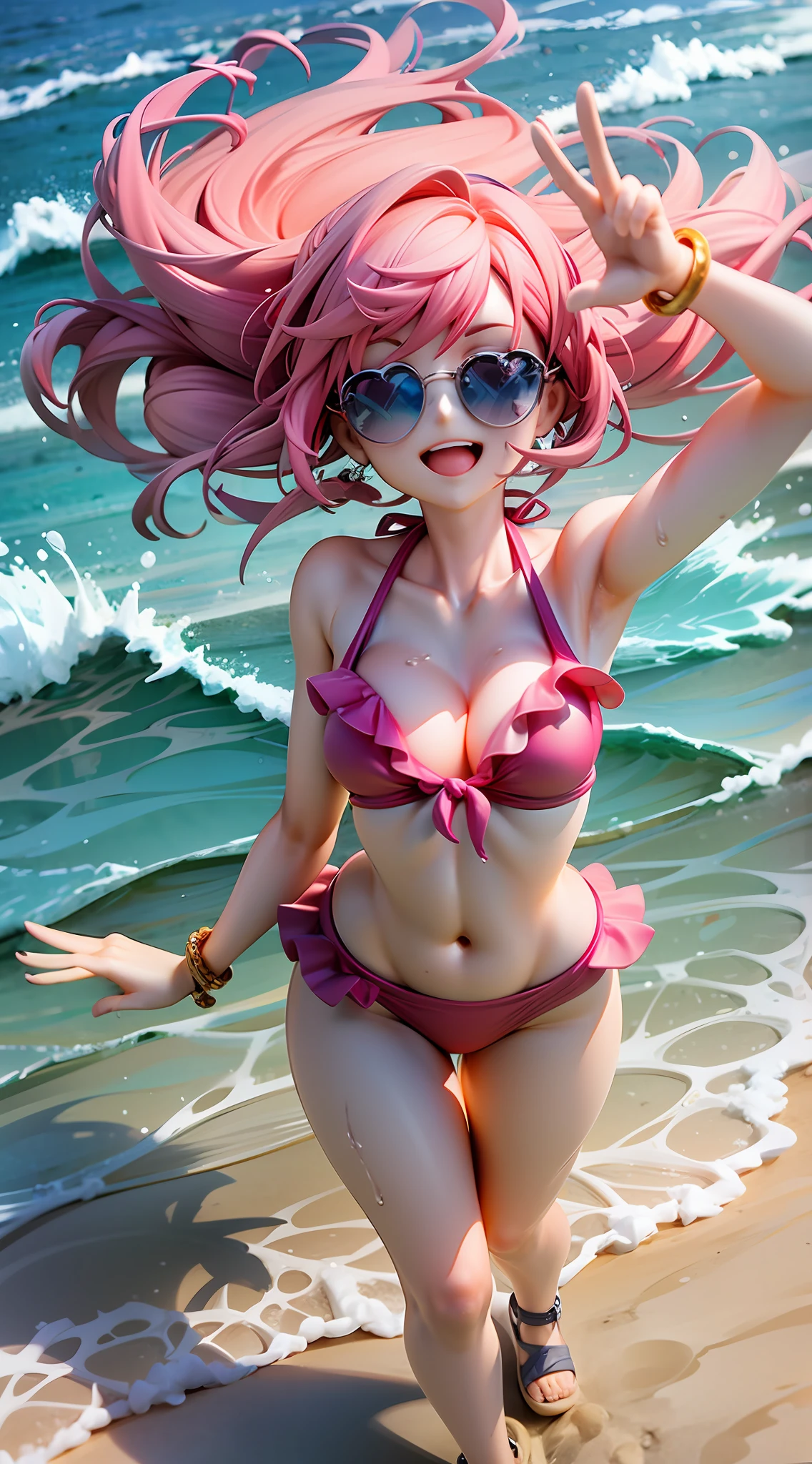 1girl, beautiful eye, smile, beach party girl, joyful expression, thin eyebrows, pink bikini with frills, beaded accessories hanging delicately, pink hair, fluffy bob, medium-length, deep blue eyes, inviting pose beckoning her boyfriend to join her, soft sands beneath her feet, clear ocean waves crashing gently behind, sun setting on the horizon casting a golden glow, footprints in the sand leading to her, playful splashes of water around her ankles, seashells adorned in her hair, carefree laughter echoing, a distant bonfire with dancing figures, gentle sea breeze ruffling her hair, heart-shaped sunglasses resting atop her head, anklets shimmering in the sunlight, other party-goers in the background, beach ball flying in the air, palm trees swaying gently, tiny droplets of seawater glistening on her skin, her shadow stretching long with the setting sun, glow from the sun making her skin shine, fingers playfully pointing towards the dancing crowd, inviting him to be part of the summer memory, atmosphere filled with love and joy, warmth of summer and chill of the ocean creating a perfect moment, the look of adoration and love in her eyes, the ambiance of the ultimate summer getaway,