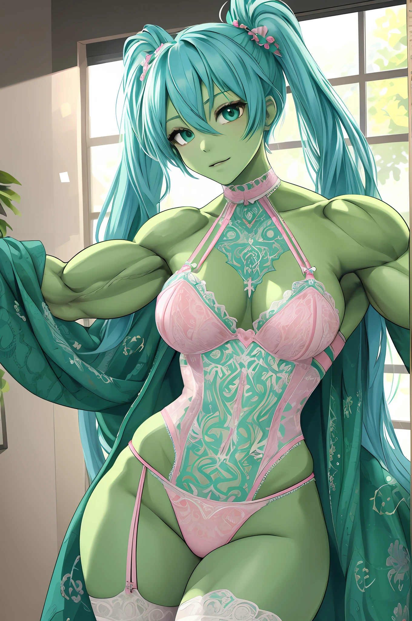 1girll, tmasterpiece, Best quality at best, 8K, detailed skin textures, Detailed cloth texture, Beautiful detailed face, intricately details, ultra - detailed, The green-skinned Hatsune Miku wears pink lingerie, blue hairs, dynamicposes,Muscular female，Muscular,(Green skin)