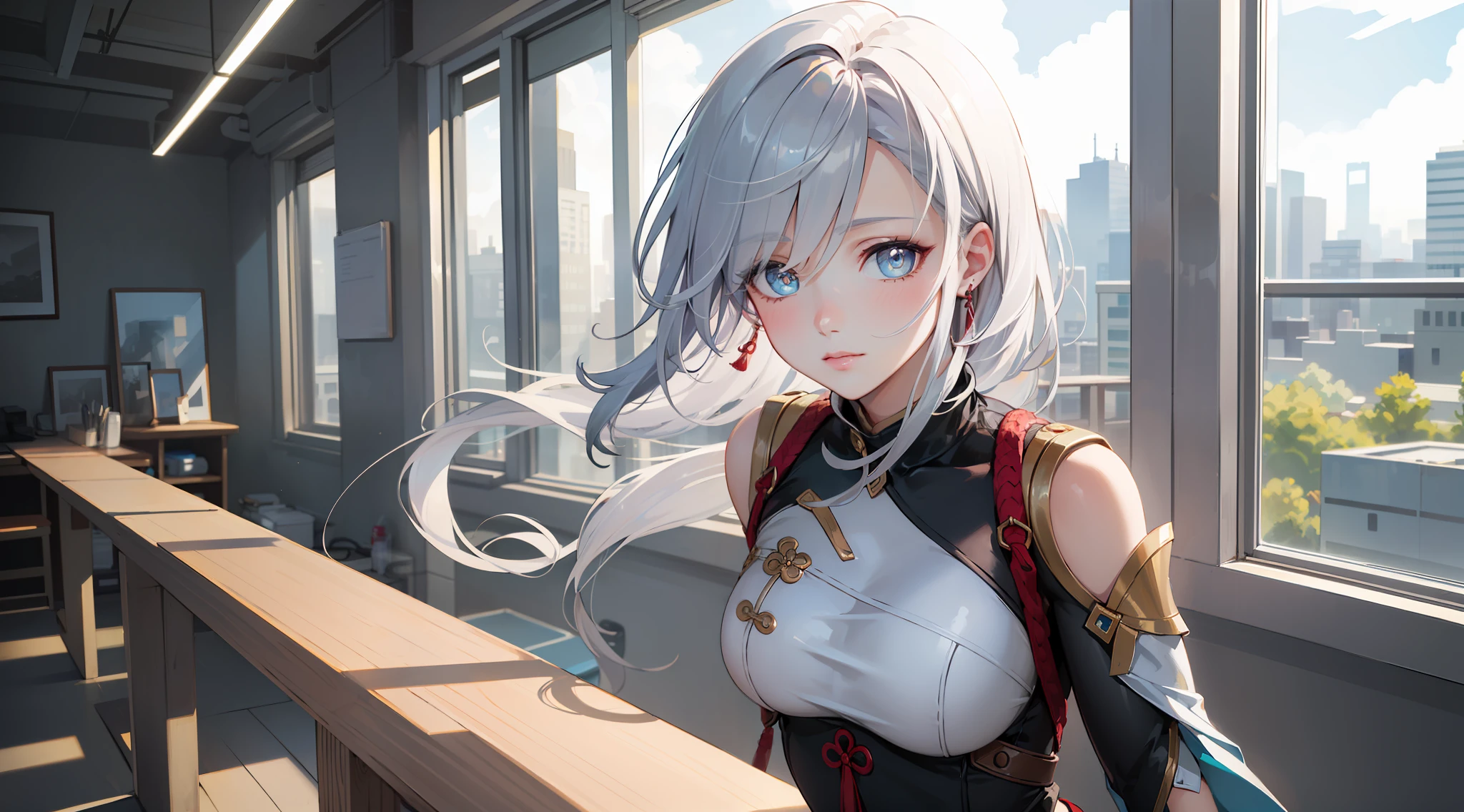 electrician girl, electrician suit, upper body, seductive look, blush, indoors, in office, looking at viewer, cloudy, moody lighting, (perfect detail eyes:1.2), glowing eyes, (long hair one braid:1.2), elemental skill effect, (Masterpiece, Best Quality, High Quality:1.4), professional artwork, Intricate Details, field of view, sharp focus, detailed painting, photorealistic lighting, trending on pixiv, (vivid lighting, vibrant colors:1.05), realistic shadows, ambient occlusion, (athletic body:1.3), mature woman, 30yo, shenhe, hyperdetail eyes, beautiful eyes, (((solo:1.4))), semi-realistic hair, hyperdetailed clothes