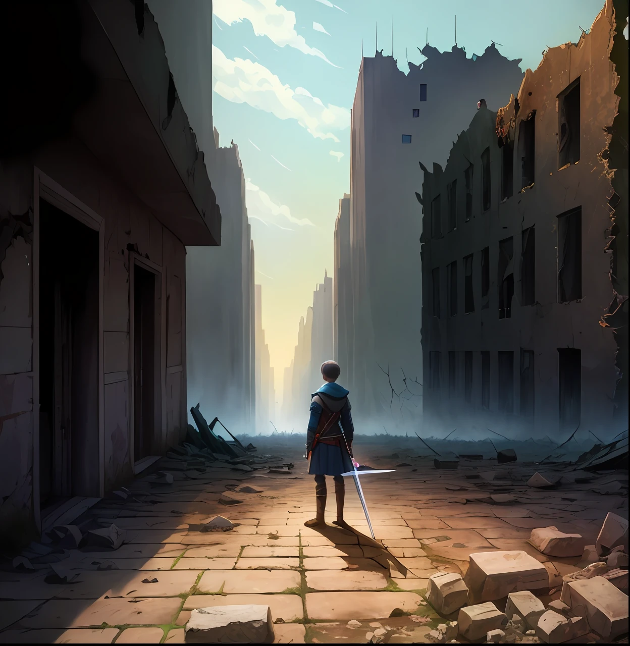 The end of the world A teenager holding a sword looks at the ruined city