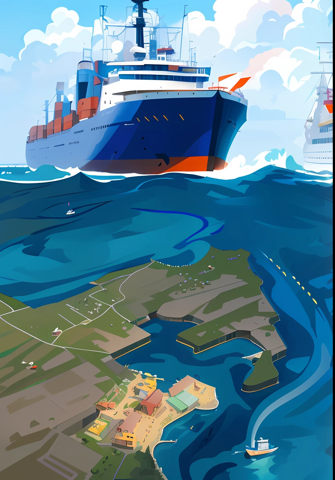 There is a large ship sailing in the ocean, Commercial illustration, port scene background, cover illustration, A illustration, author:Hamish MacDonald, Stylized digital illustration, illustration detailed, full-colour illustration, A digital rendering, detailed digital illustration, illustration!, author:an illustration of by David B. Sorensen, Detailed 2D illustration
